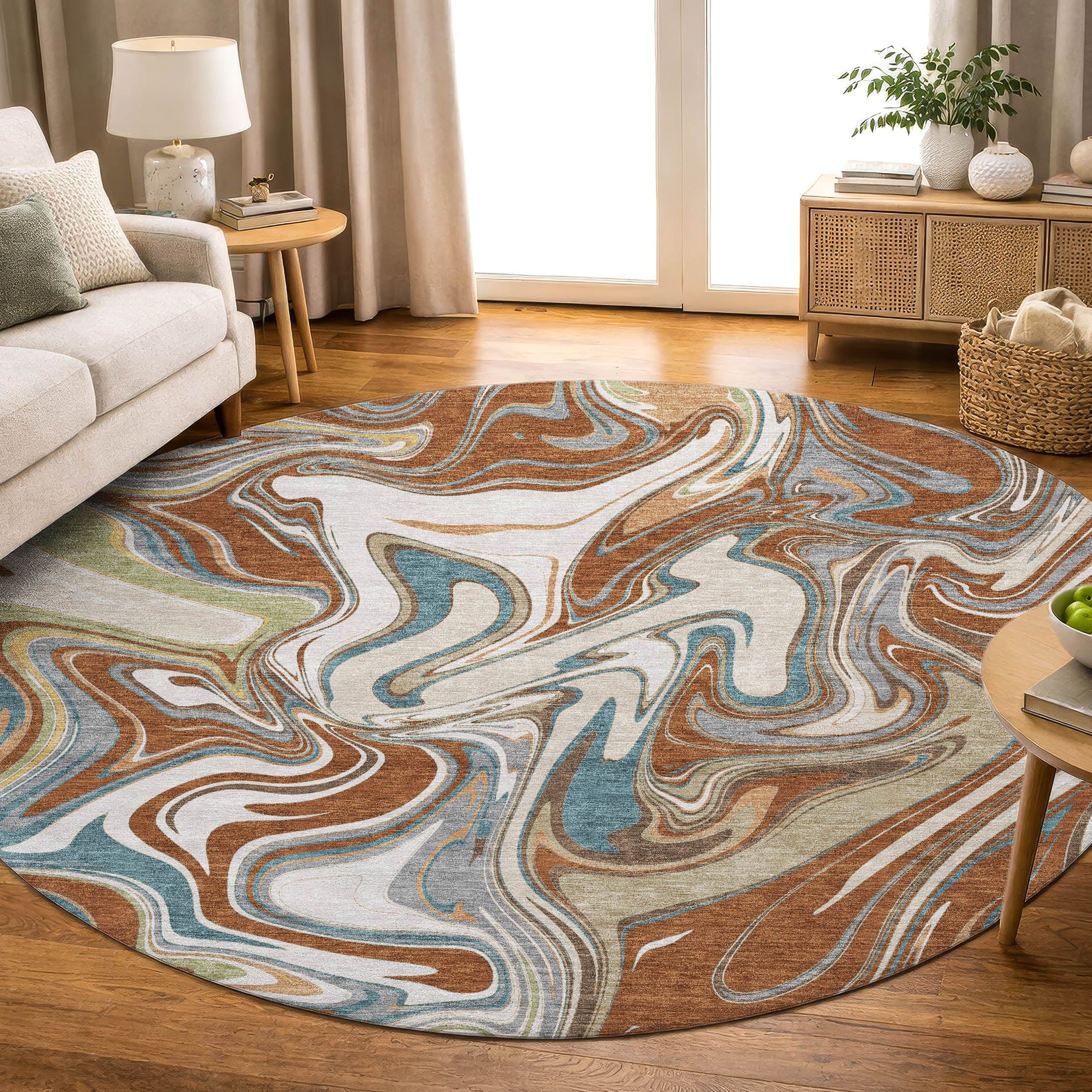 Budapest Machine Washable Transitional Paprika Orange Rug 8' x 8' #shape_Round