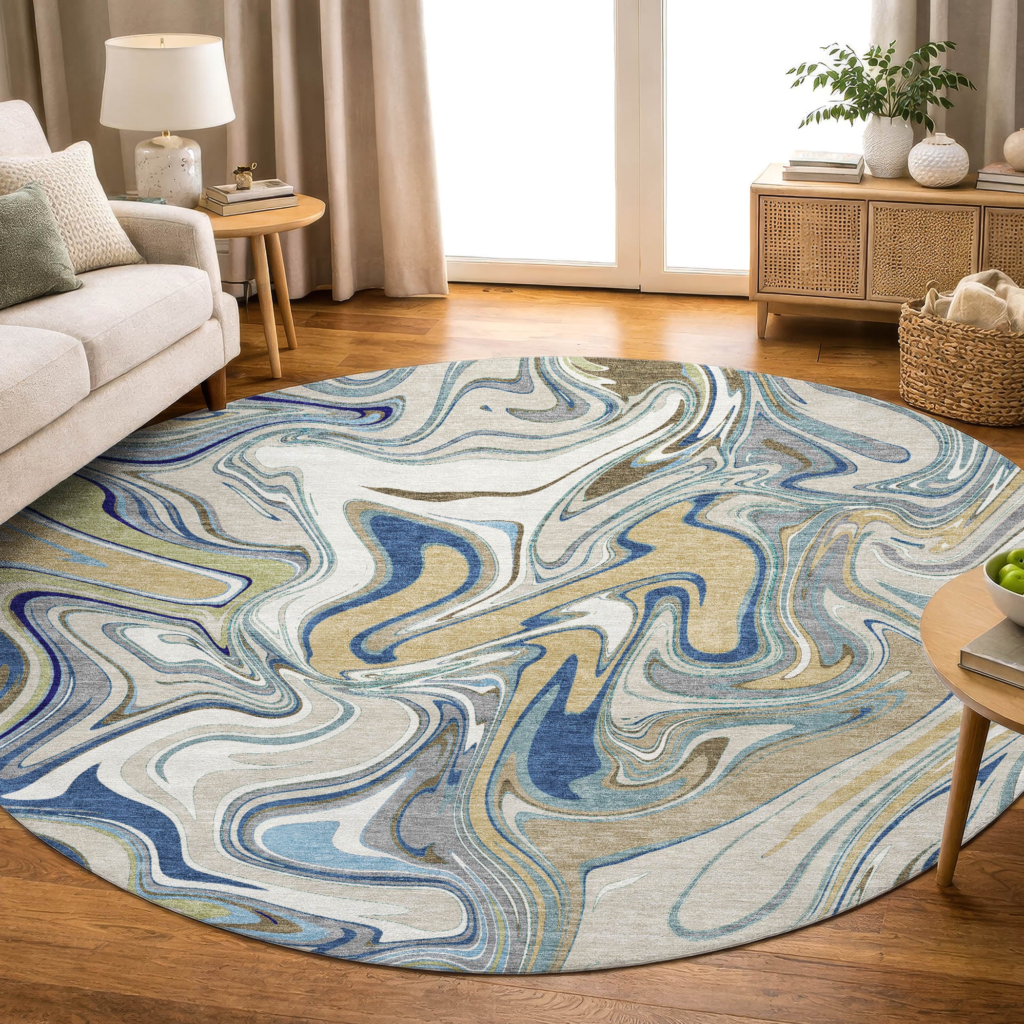 Budapest Machine Washable Transitional Putty Ivory Rug 8' x 8' #shape_Round