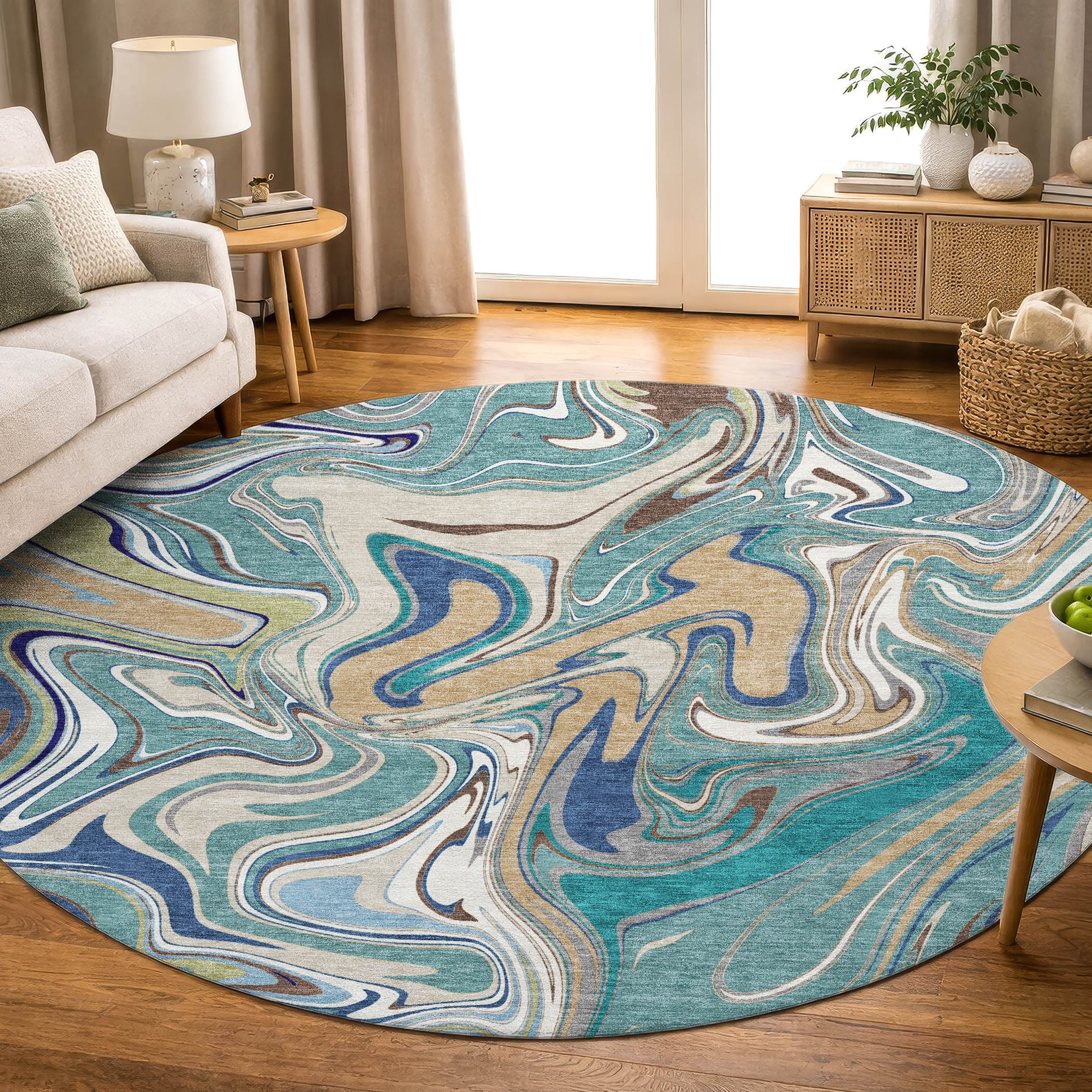 Budapest Machine Washable Transitional Teal Rug 8' x 8' #shape_Round