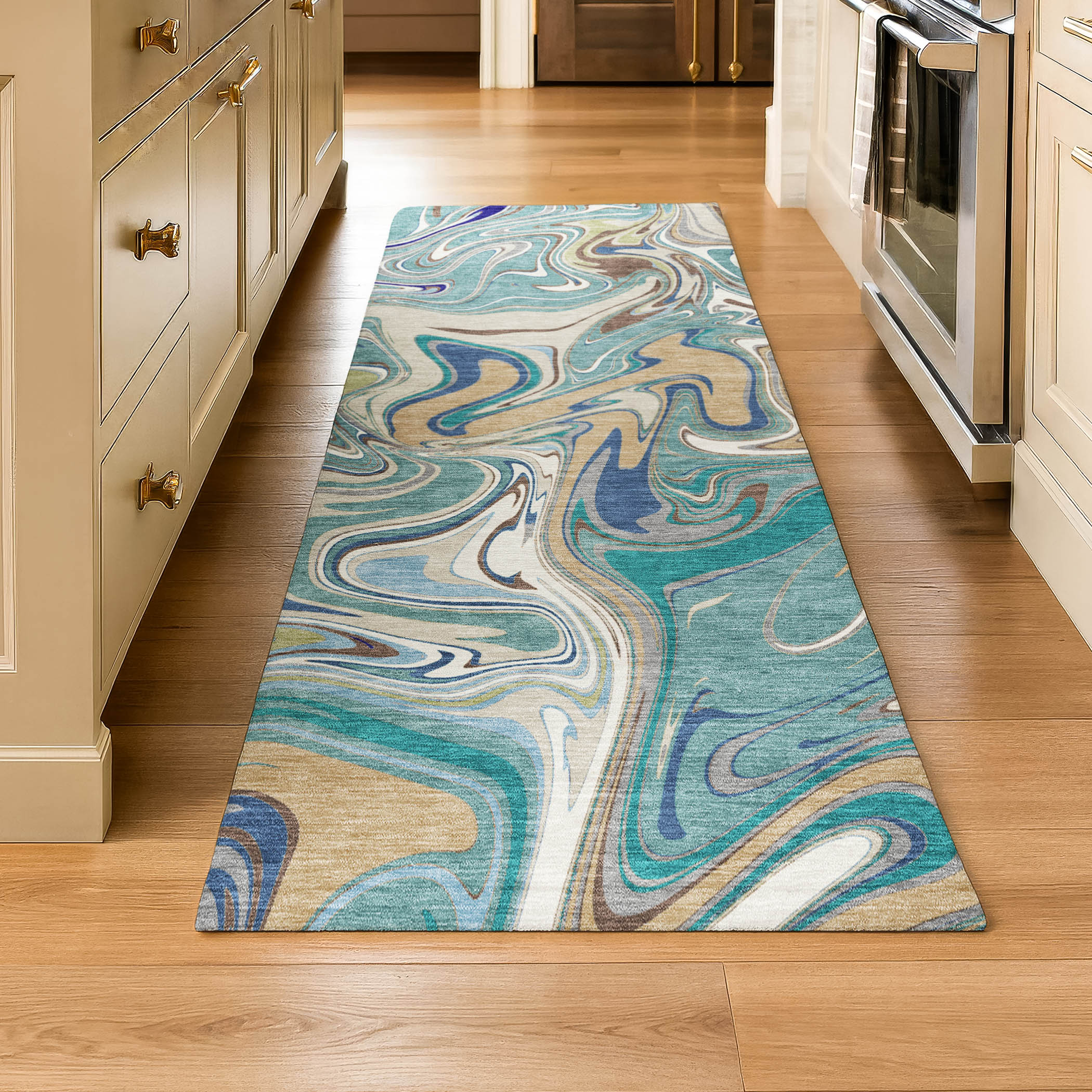 Budapest Machine Washable Transitional Teal Rug 2'3" x 7'6" #shape_Runner