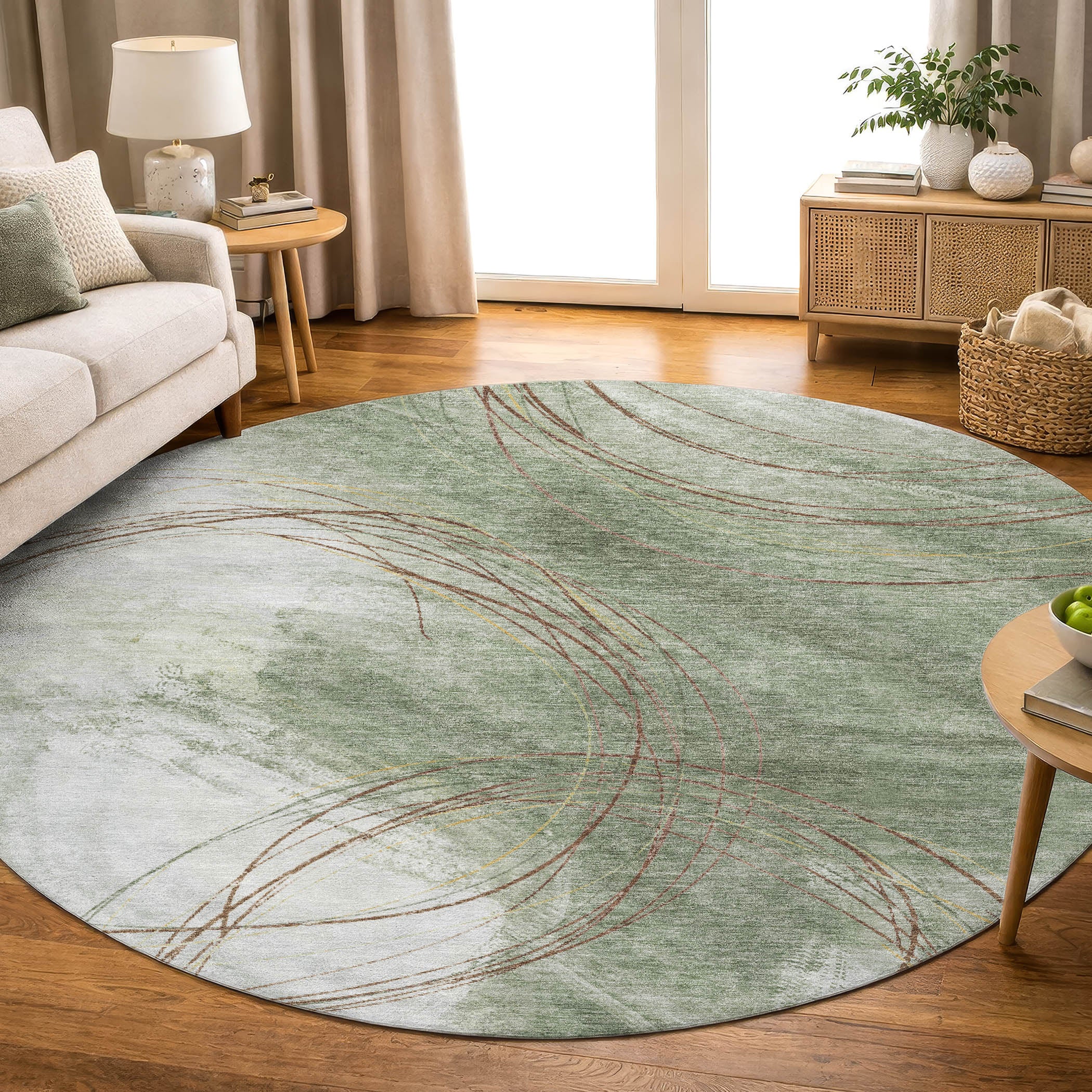 Istanbul Machine Washable Transitional Aloe Green Rug 8' x 8' #shape_Round