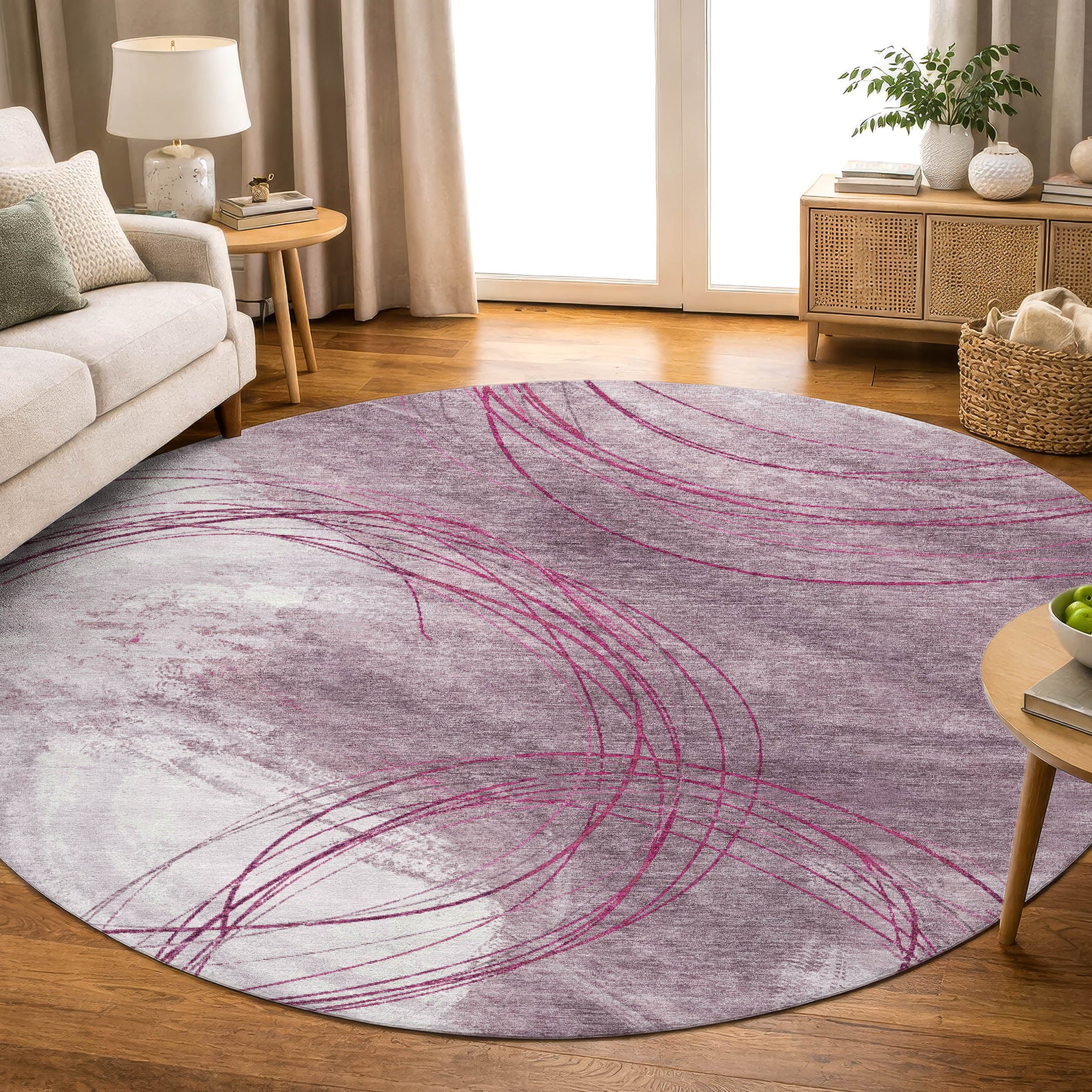 Istanbul Machine Washable Transitional Blush Pink Rug 8' x 8' #shape_Round