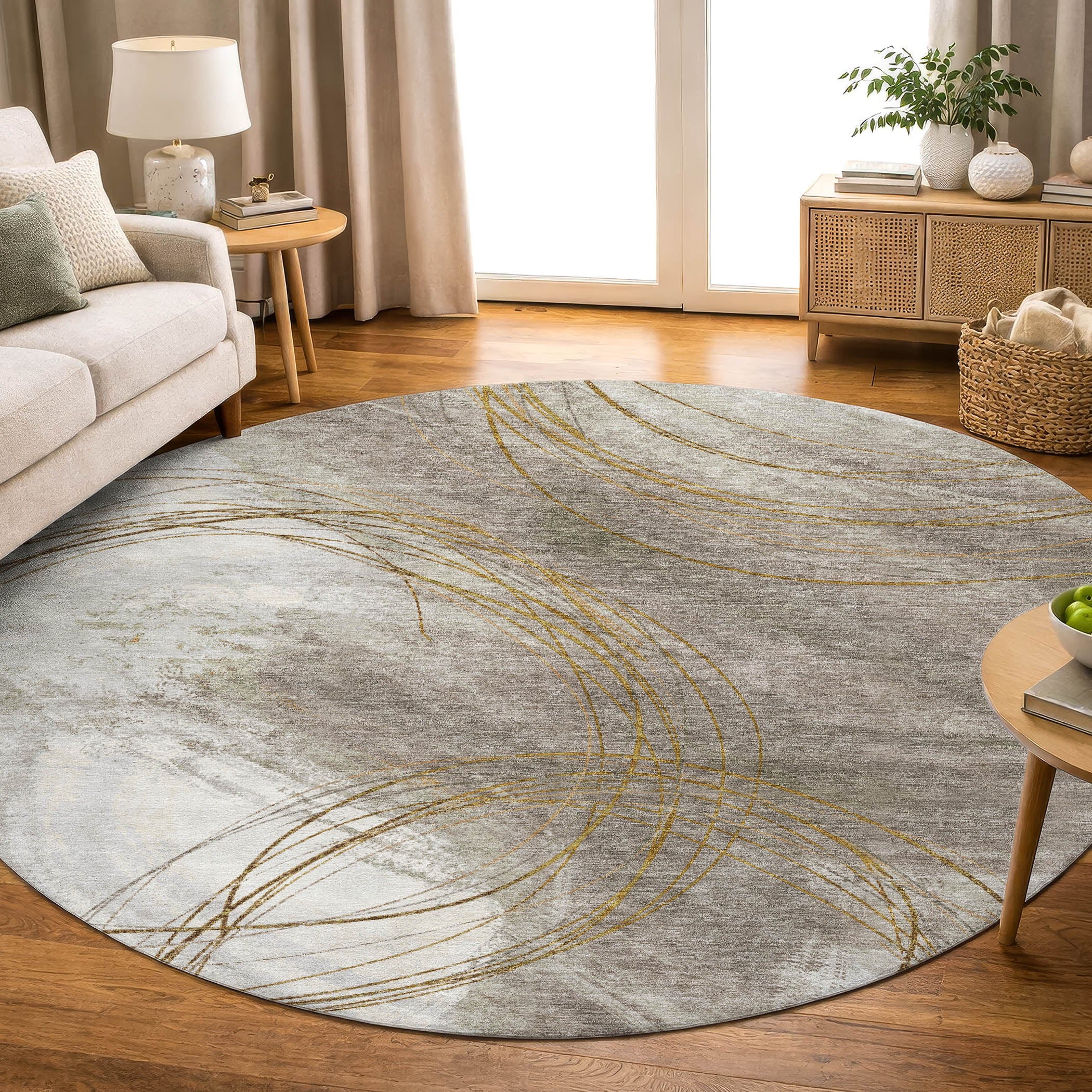 Istanbul Machine Washable Transitional Khaki Brown Rug 8' x 8' #shape_Round