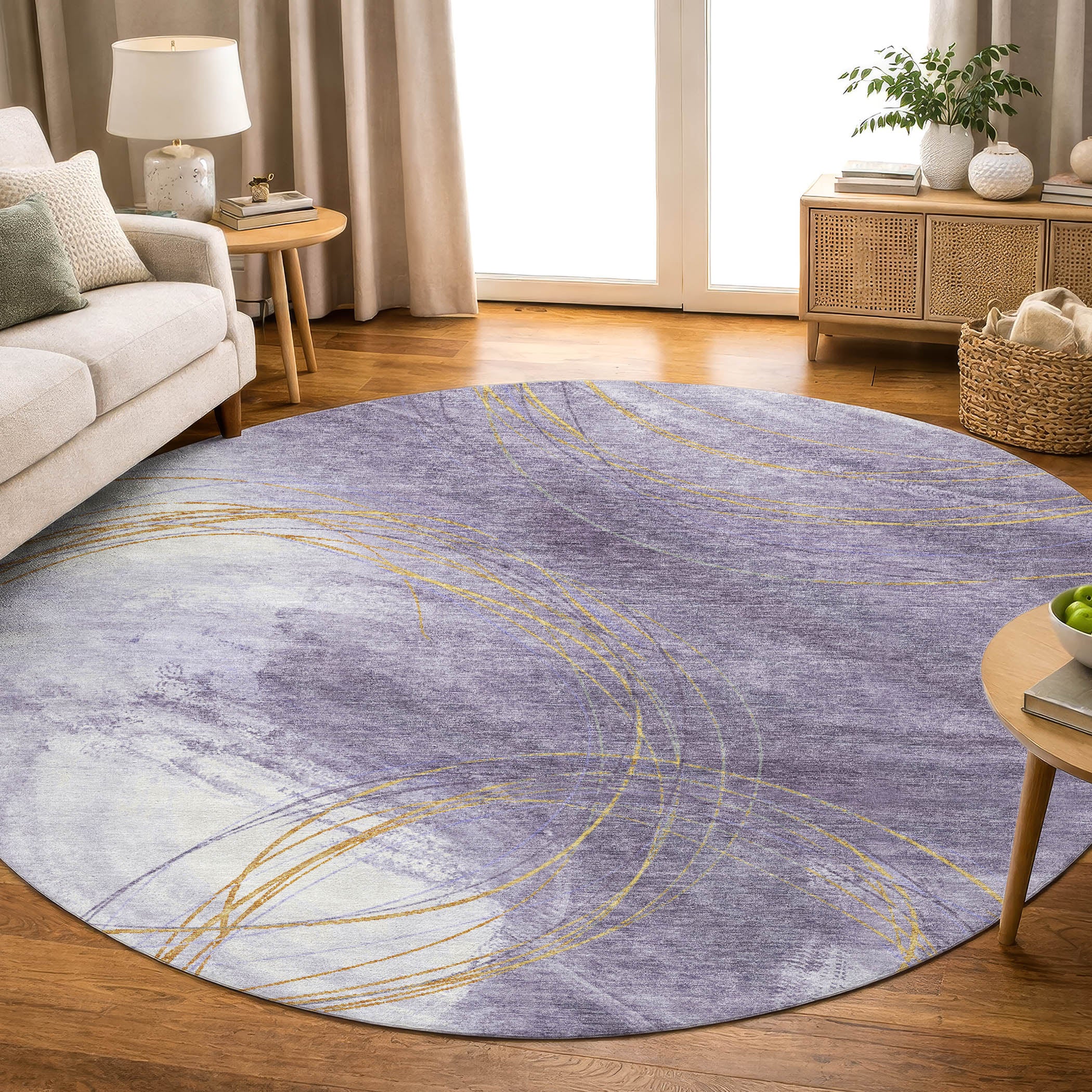 Istanbul Machine Washable Transitional Purple Rug 8' x 8' #shape_Round