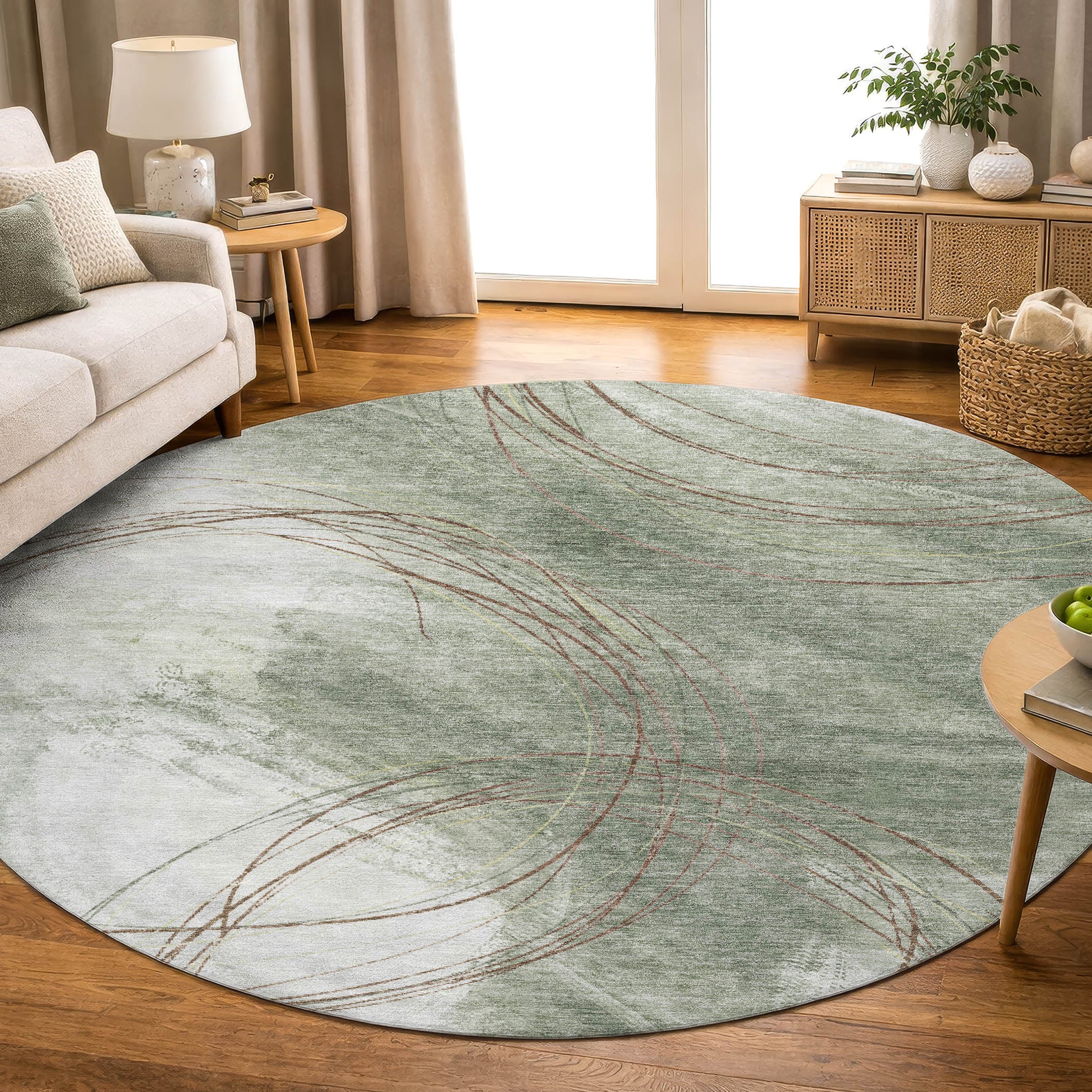 Istanbul Machine Washable Transitional Sage Green Rug 8' x 8' #shape_Round