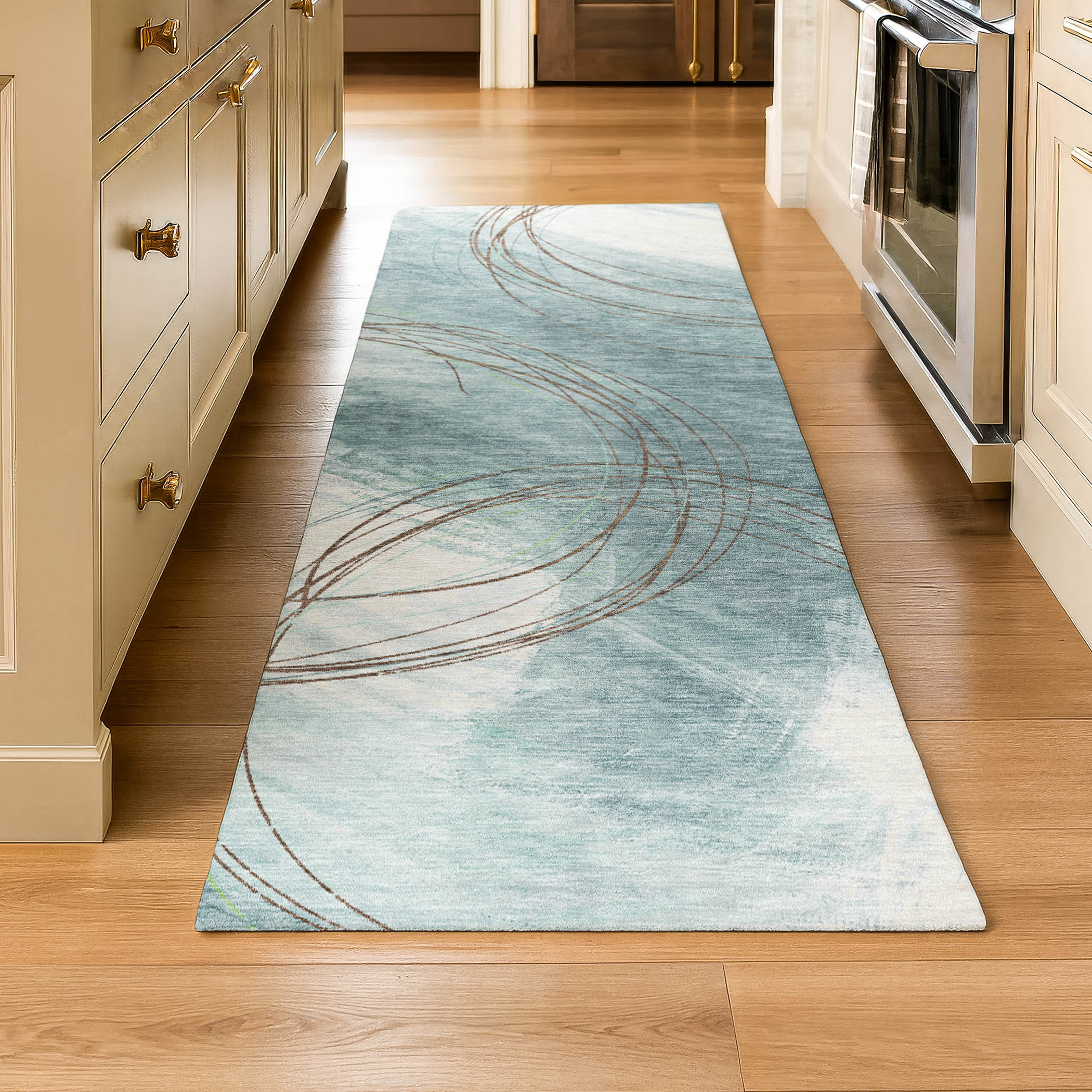 Istanbul Machine Washable Transitional Teal Rug 2'3" x 7'6" #shape_Runner