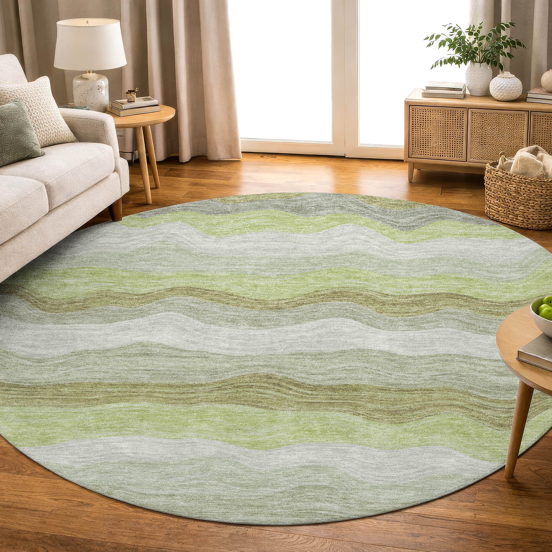 Sintra Machine Washable Transitional Aloe Green Rug 8' x 8' #shape_Round