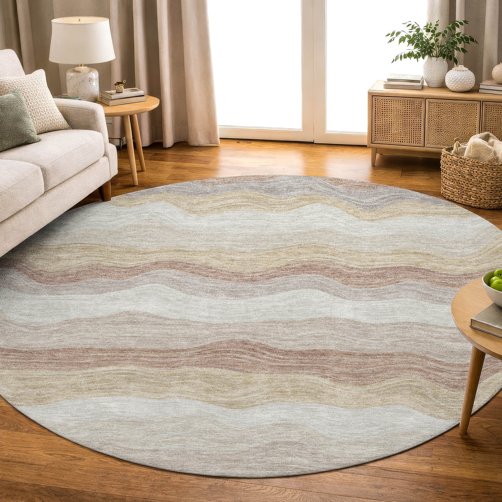 Sintra Machine Washable Transitional Beige Brown Rug 8' x 8' #shape_Round