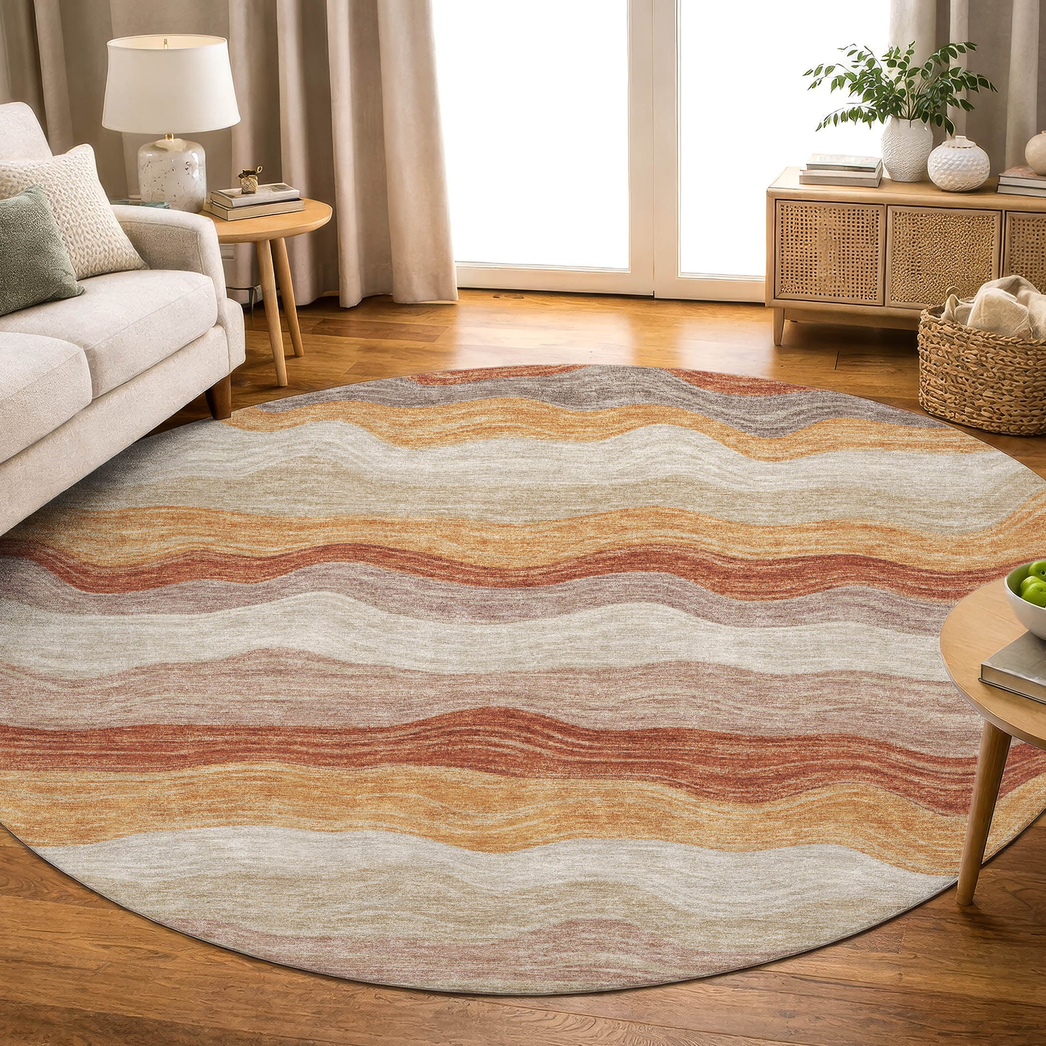 Sintra Machine Washable Transitional Copper Orange Rug 8' x 8' #shape_Round