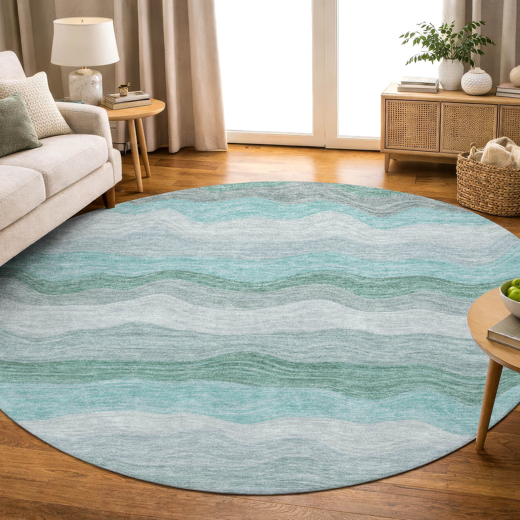 Sintra Machine Washable Transitional Teal Rug 8' x 8' #shape_Round