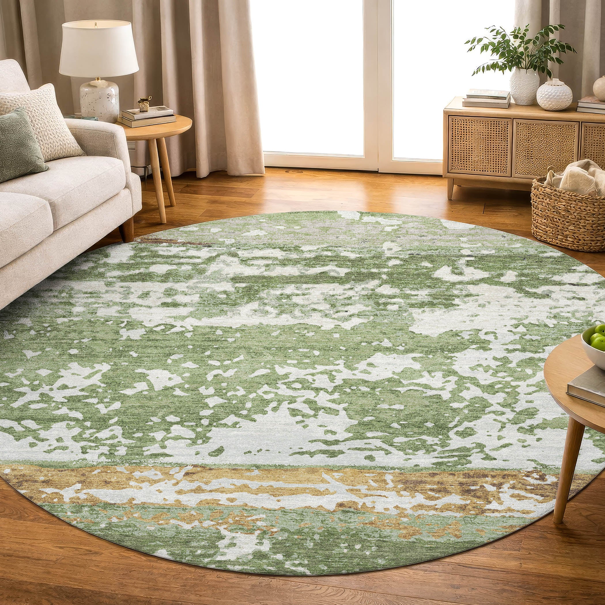 Oaxaca Machine Washable Transitional Aloe Green Rug 8' x 8' #shape_Round