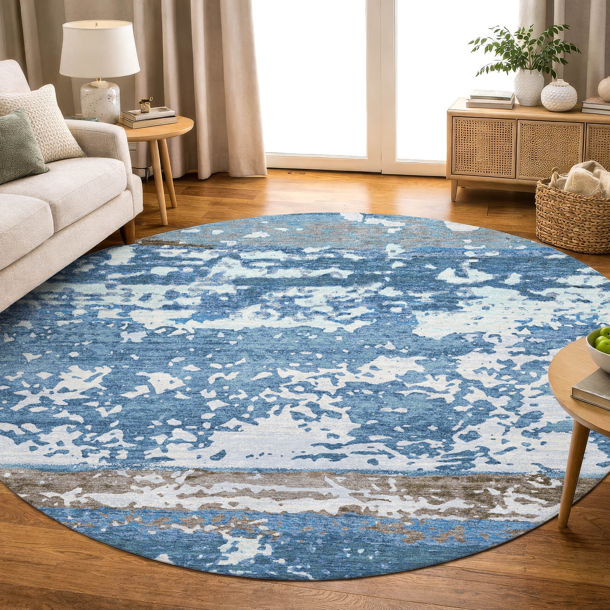 Oaxaca Machine Washable Transitional Blue Rug 8' x 8' #shape_Round