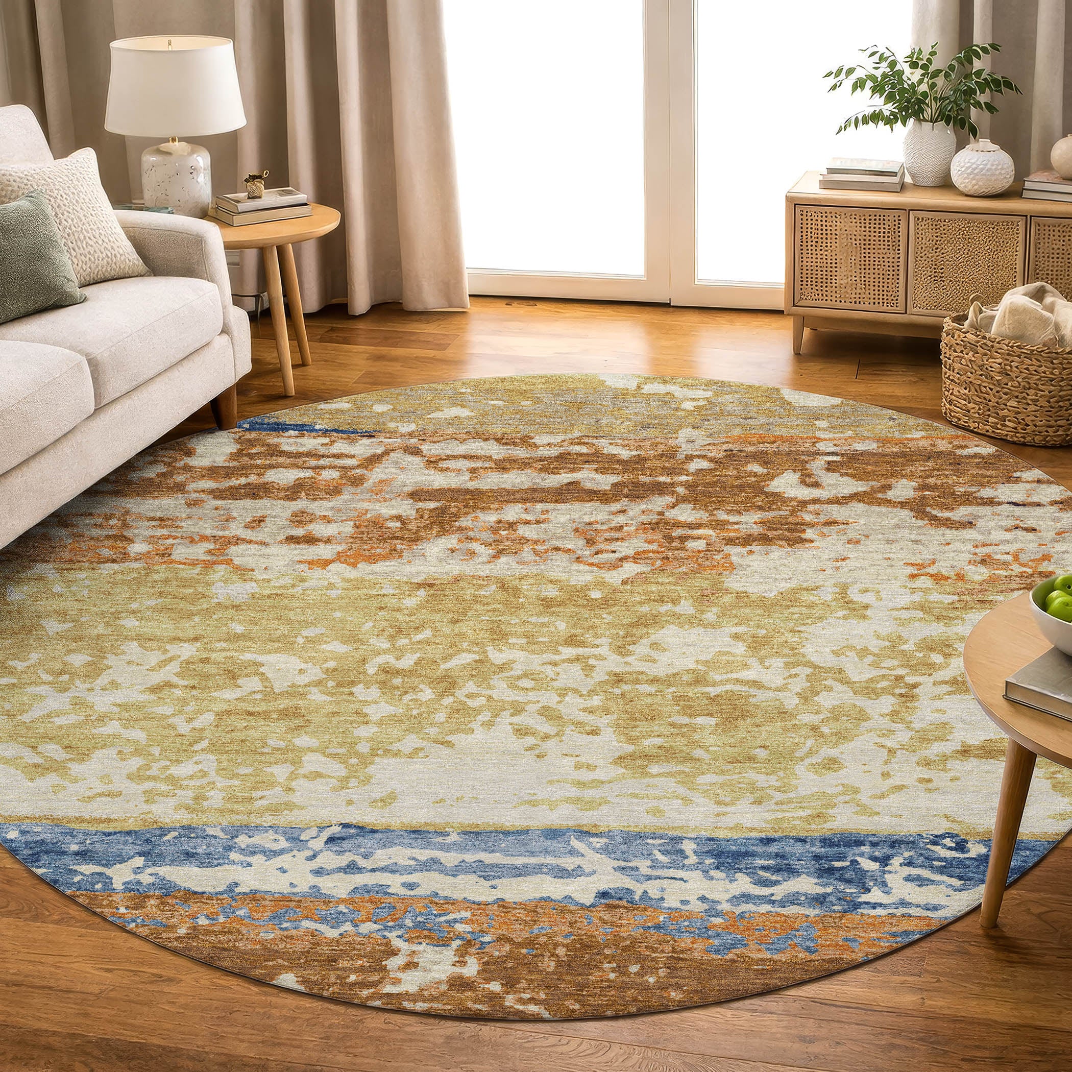 Oaxaca Machine Washable Transitional Gold Rug 8' x 8' #shape_Round