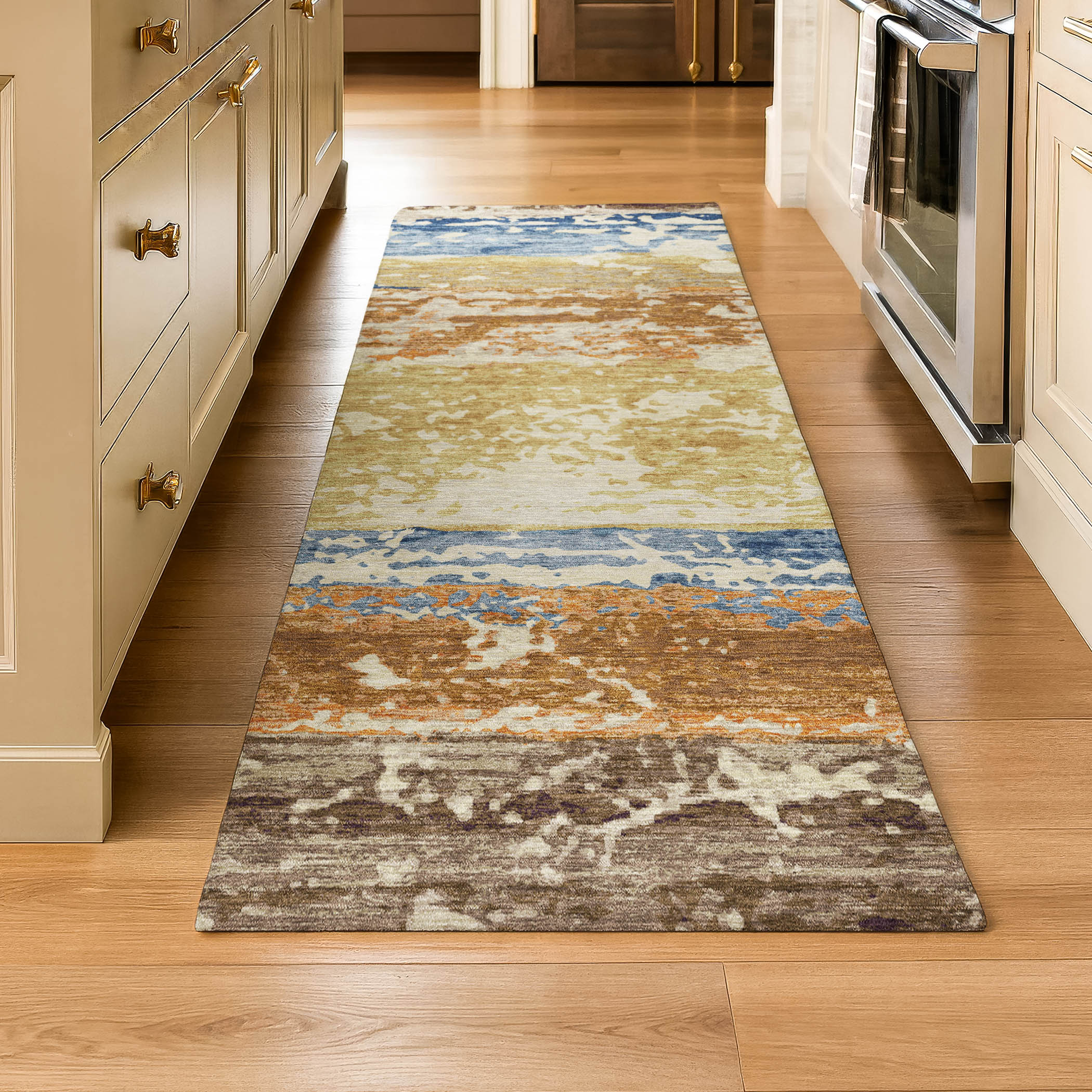 Oaxaca Machine Washable Transitional Gold Rug 2'3" x 7'6" #shape_Runner