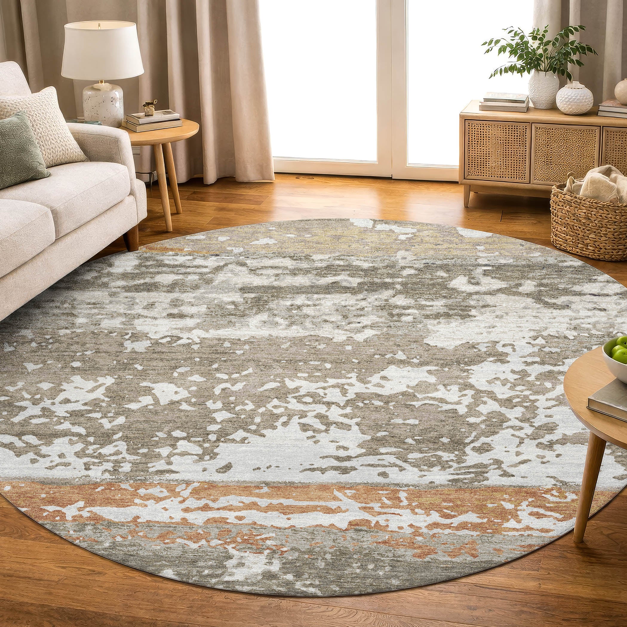 Oaxaca Machine Washable Transitional Taupe Brown Rug 8' x 8' #shape_Round