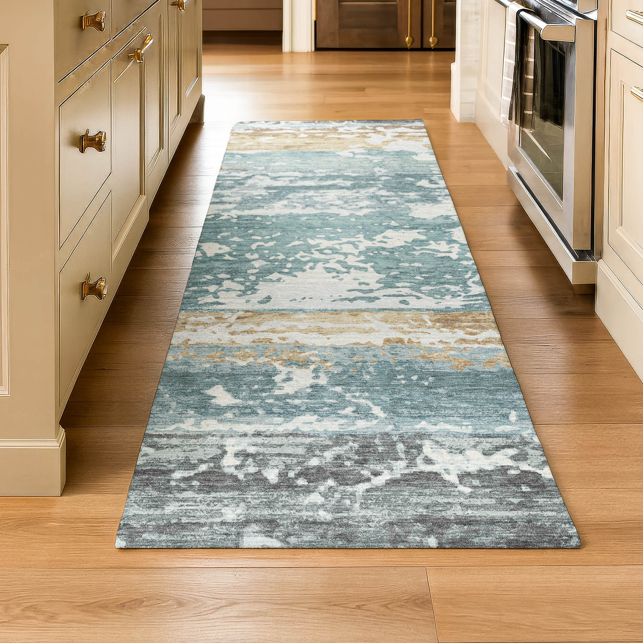 Oaxaca Machine Washable Transitional Teal Rug 2'3" x 7'6" #shape_Runner