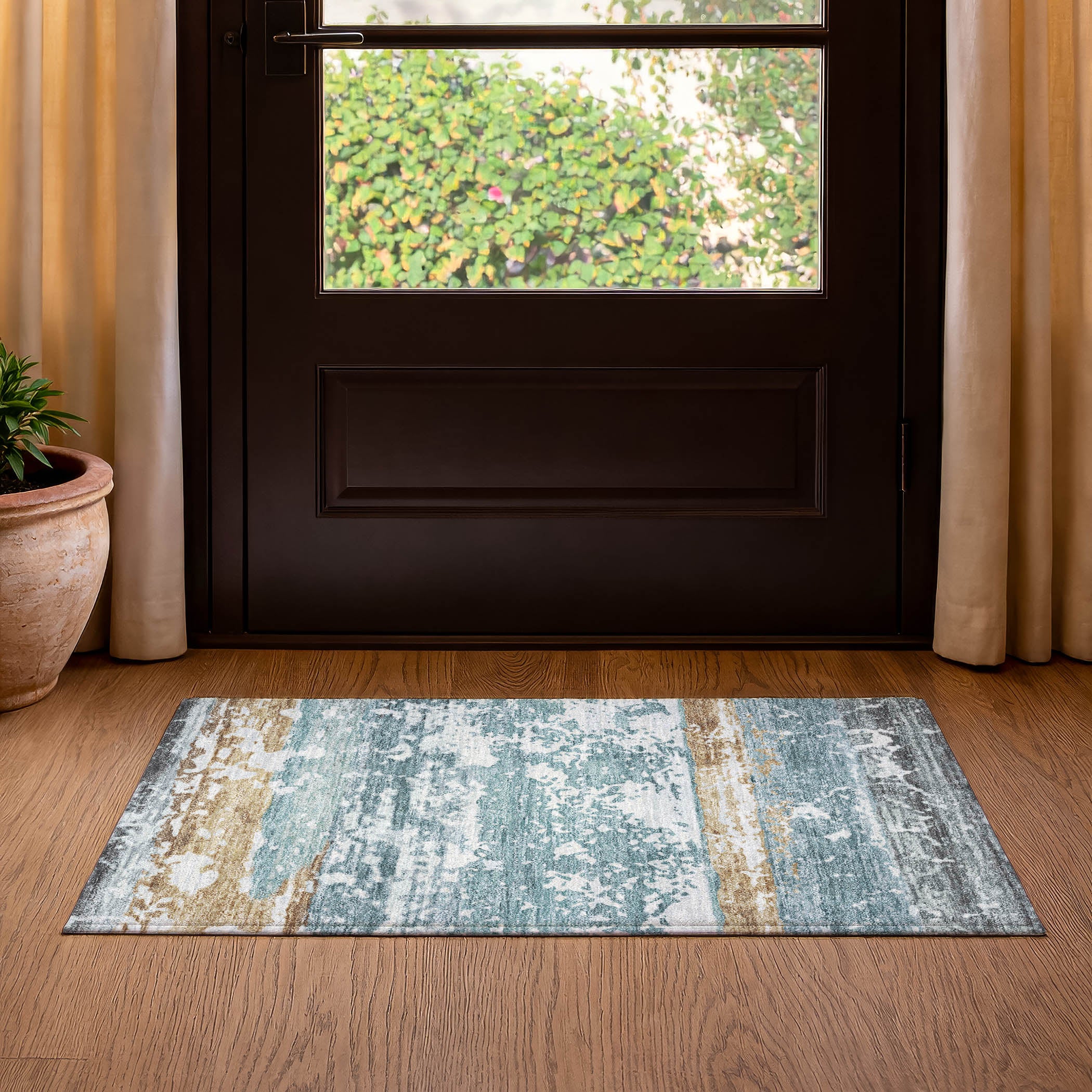 Oaxaca Machine Washable Transitional Teal Rug 1'8" x 2'6" #shape_Rectangle