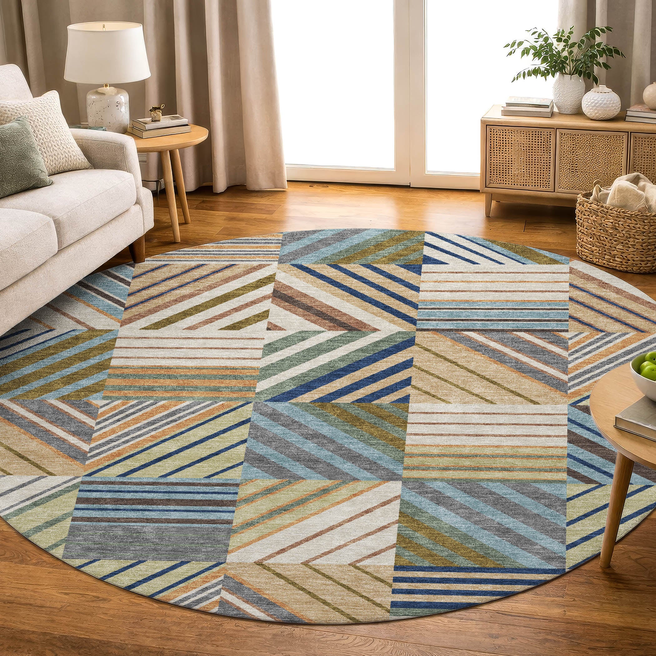 Reykjavik Machine Washable Transitional Beige Brown Rug 8' x 8' #shape_Round