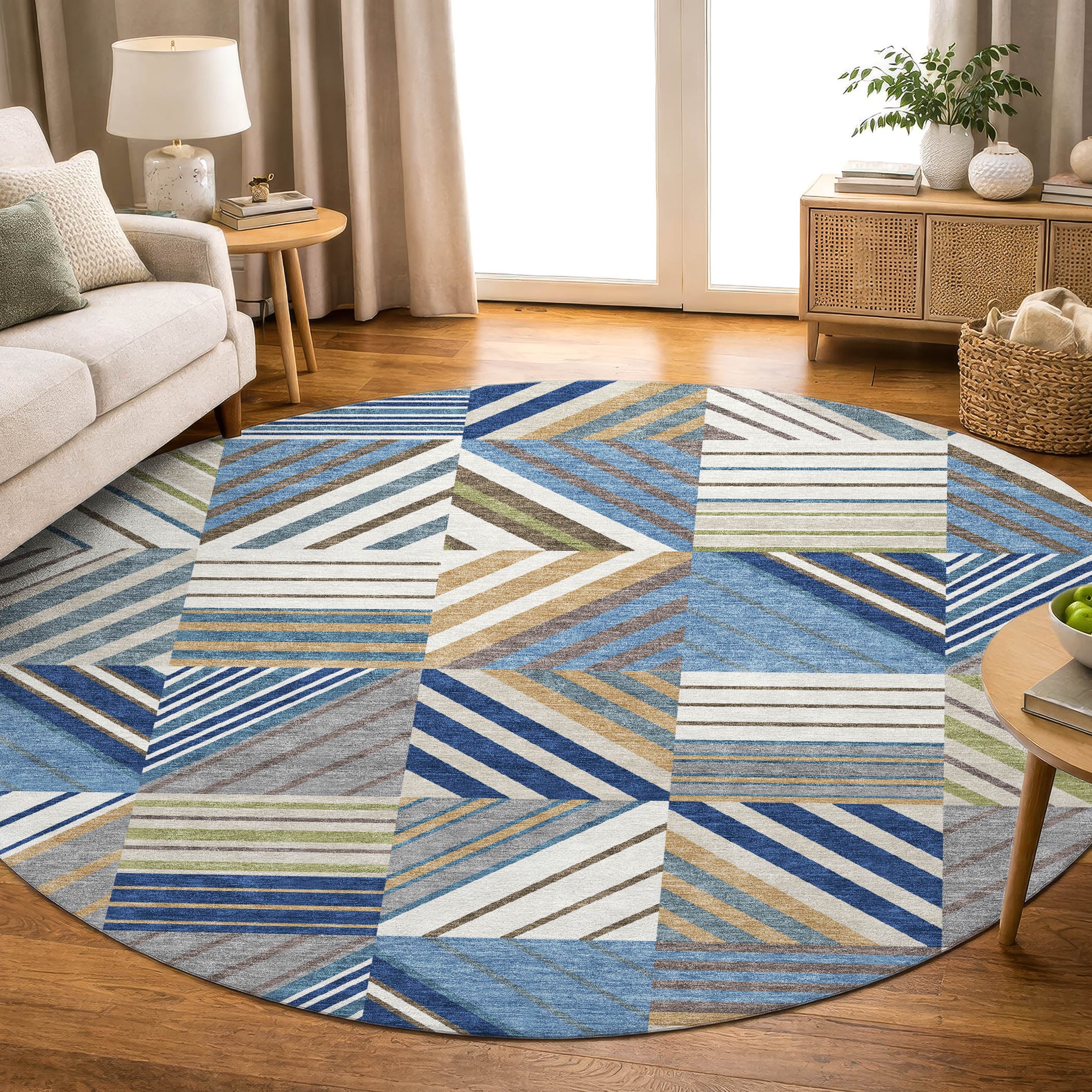 Reykjavik Machine Washable Transitional Denim Blue Rug 8' x 8' #shape_Round