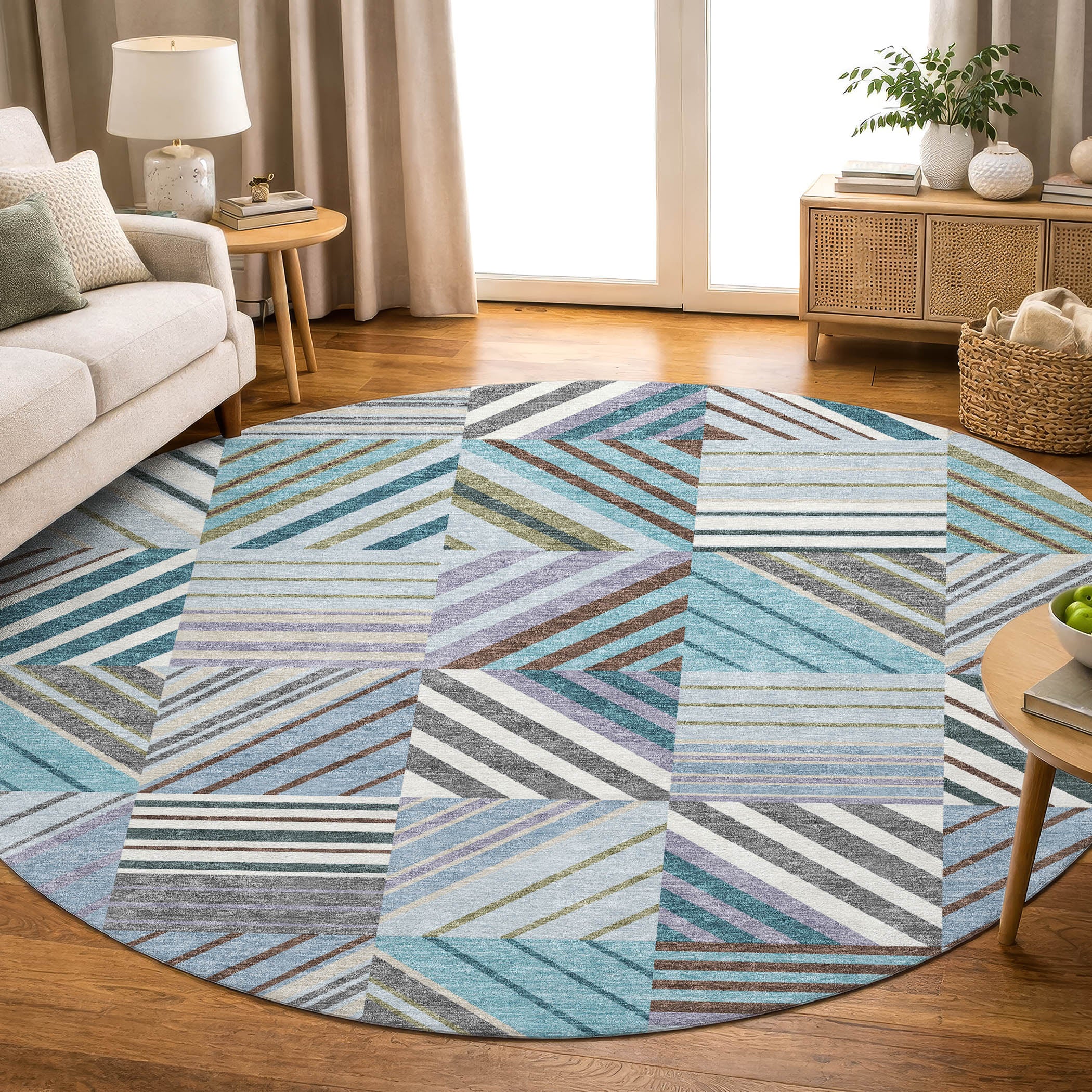 Reykjavik Machine Washable Transitional Teal Rug 8' x 8' #shape_Round
