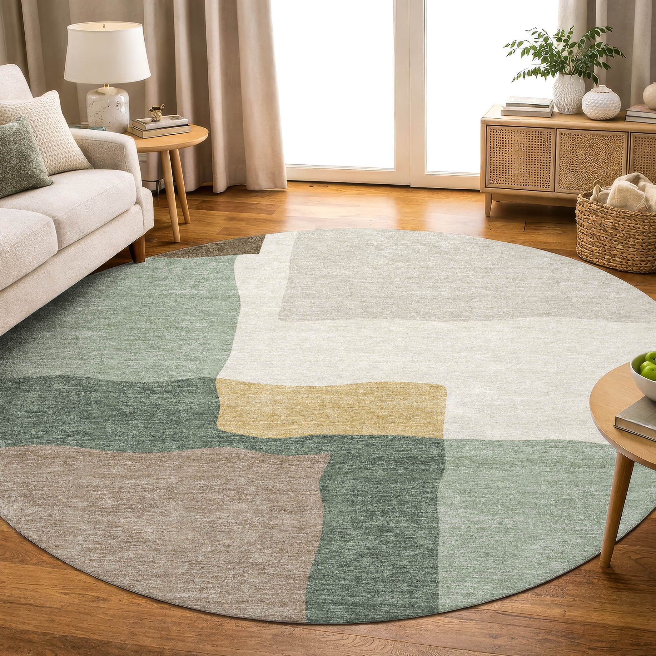 Vienna Machine Washable Transitional Basil Green Rug 8' x 8' #shape_Round