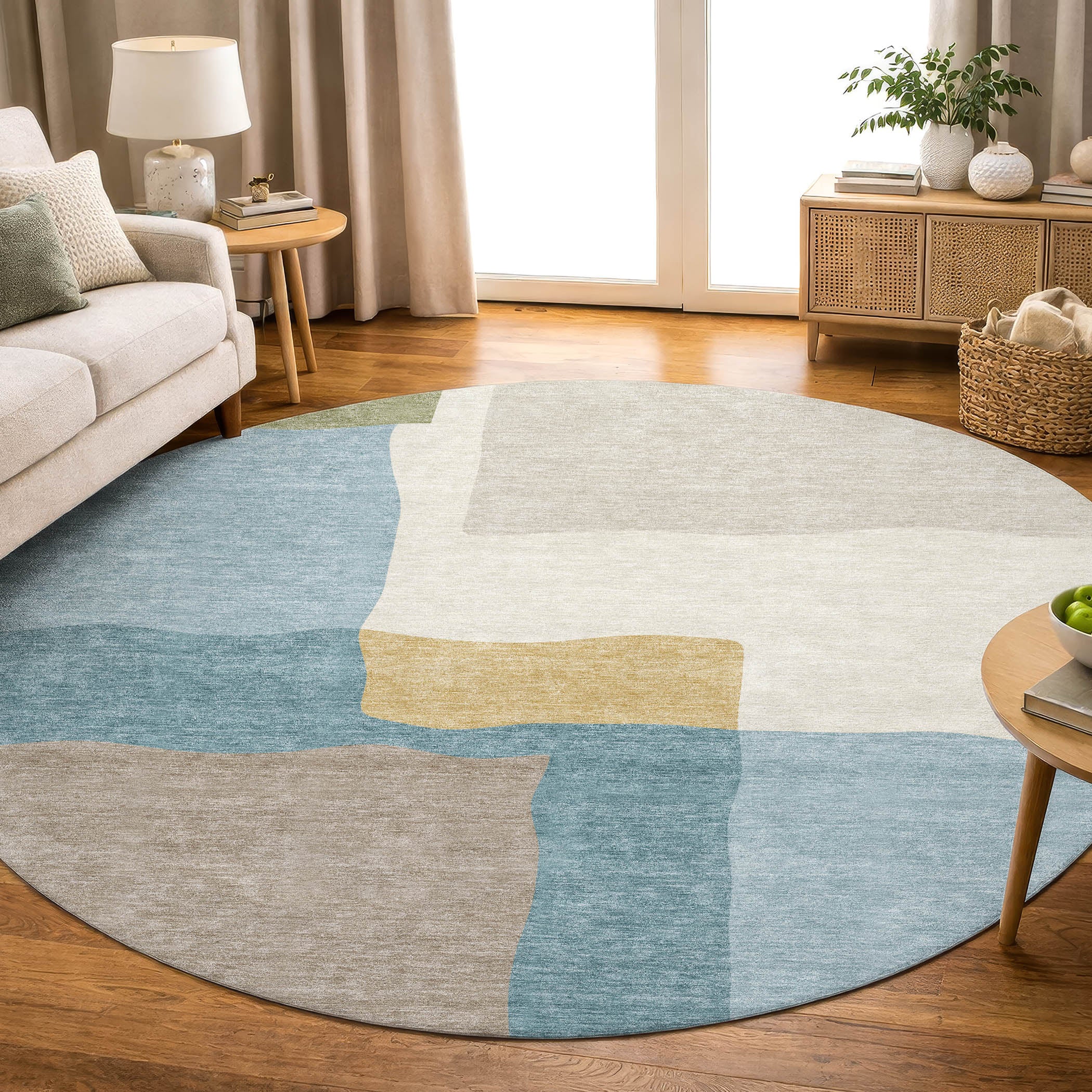 Vienna Machine Washable Transitional Teal Rug 8' x 8' #shape_Round