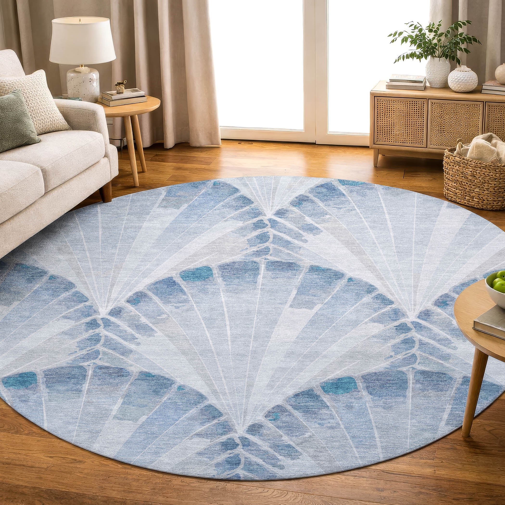 Chiang Mai Machine Washable Transitional Sky Blue Rug 8' x 8' #shape_Round