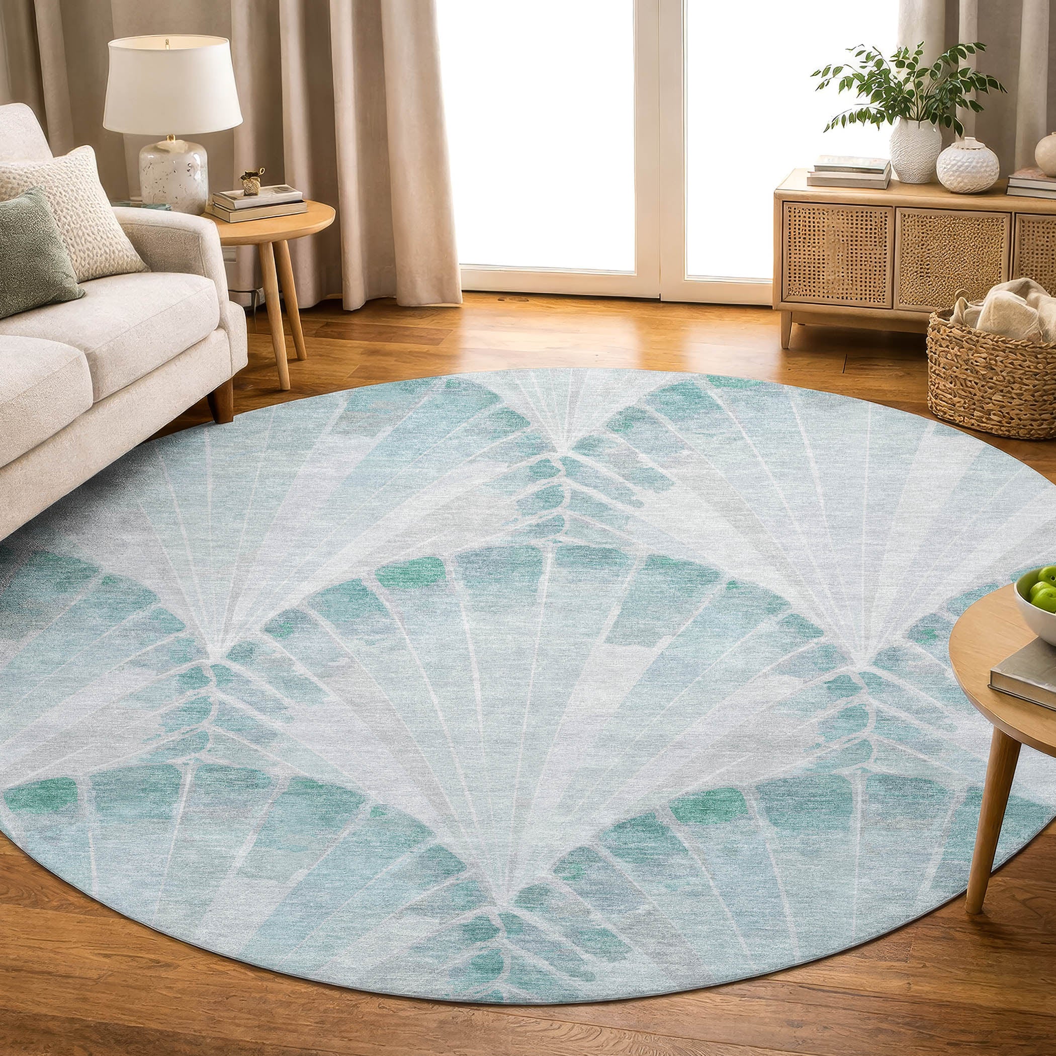 Chiang Mai Machine Washable Transitional Teal Rug 8' x 8' #shape_Round
