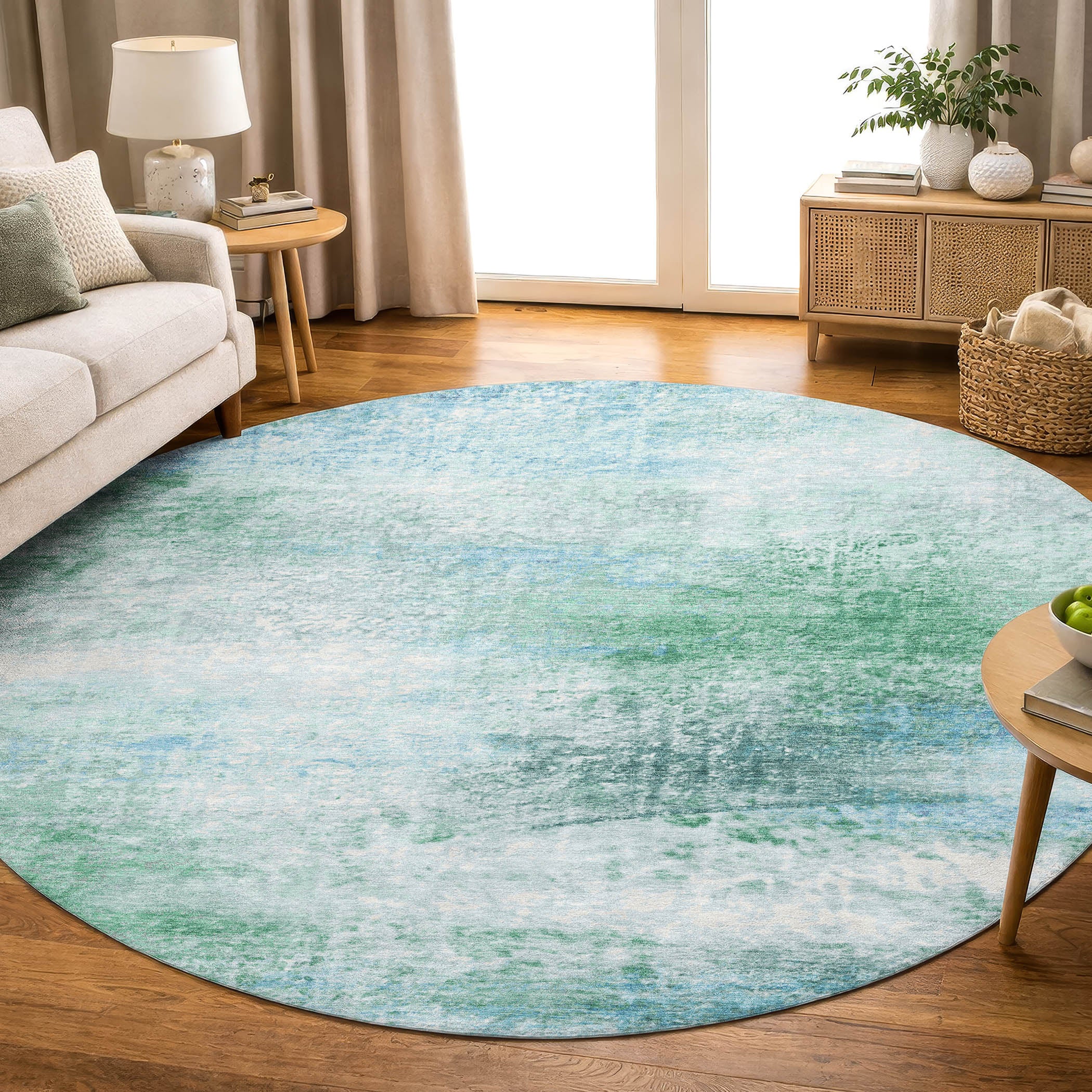 Salzburg Machine Washable Transitional Mint Green Rug 8' x 8' #shape_Round