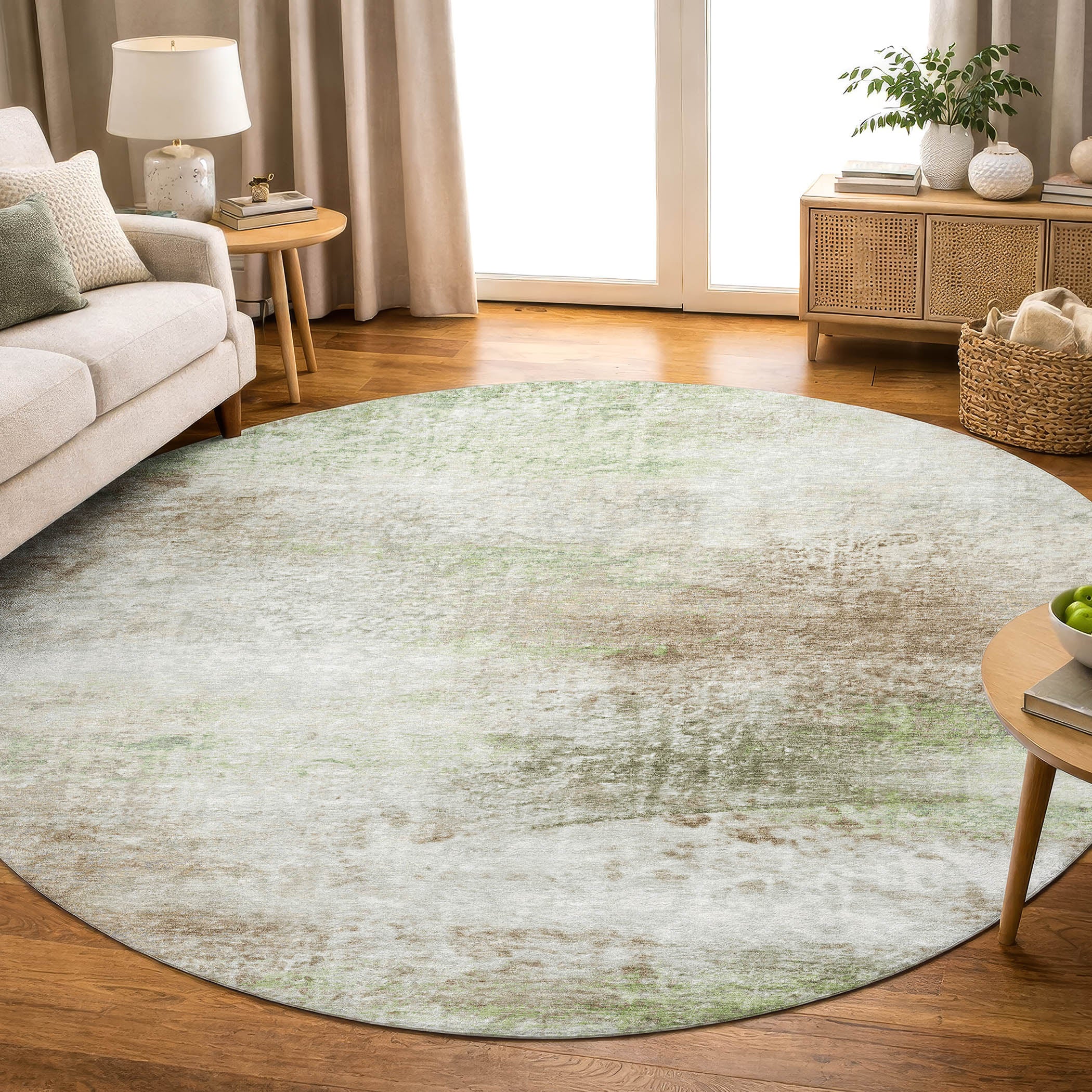 Salzburg Machine Washable Transitional Tan Brown Rug 8' x 8' #shape_Round