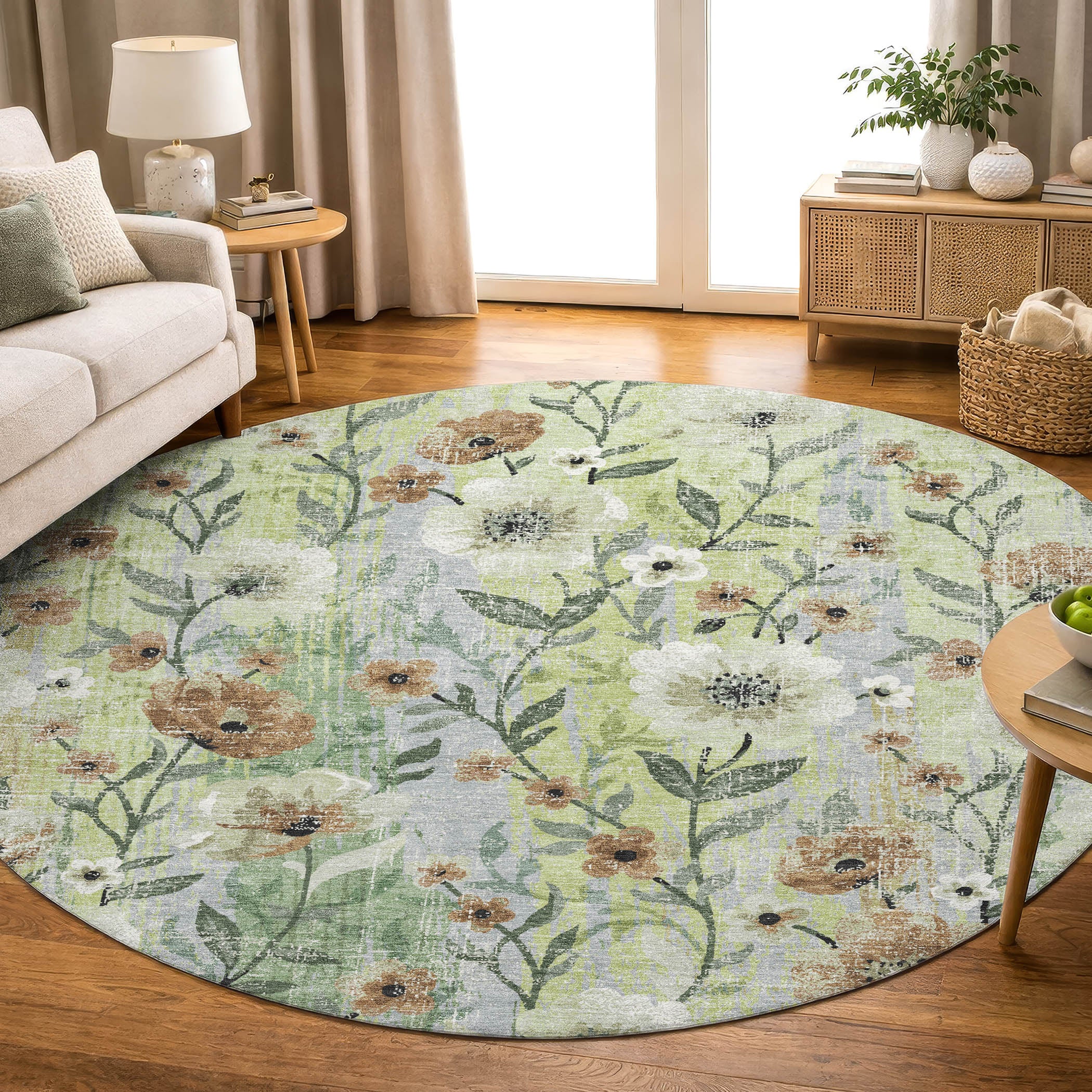 Florence Machine Washable Transitional Aloe Green Rug 8' x 8' #shape_Round