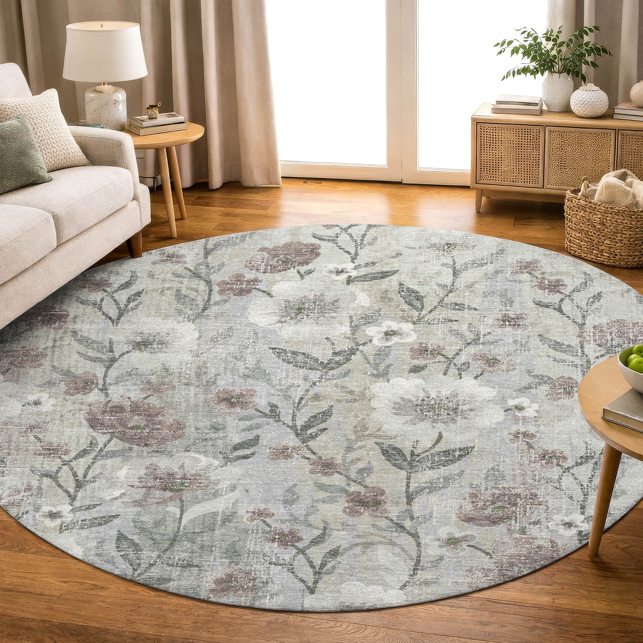 Florence Machine Washable Transitional Beige Brown Rug 8' x 8' #shape_Round