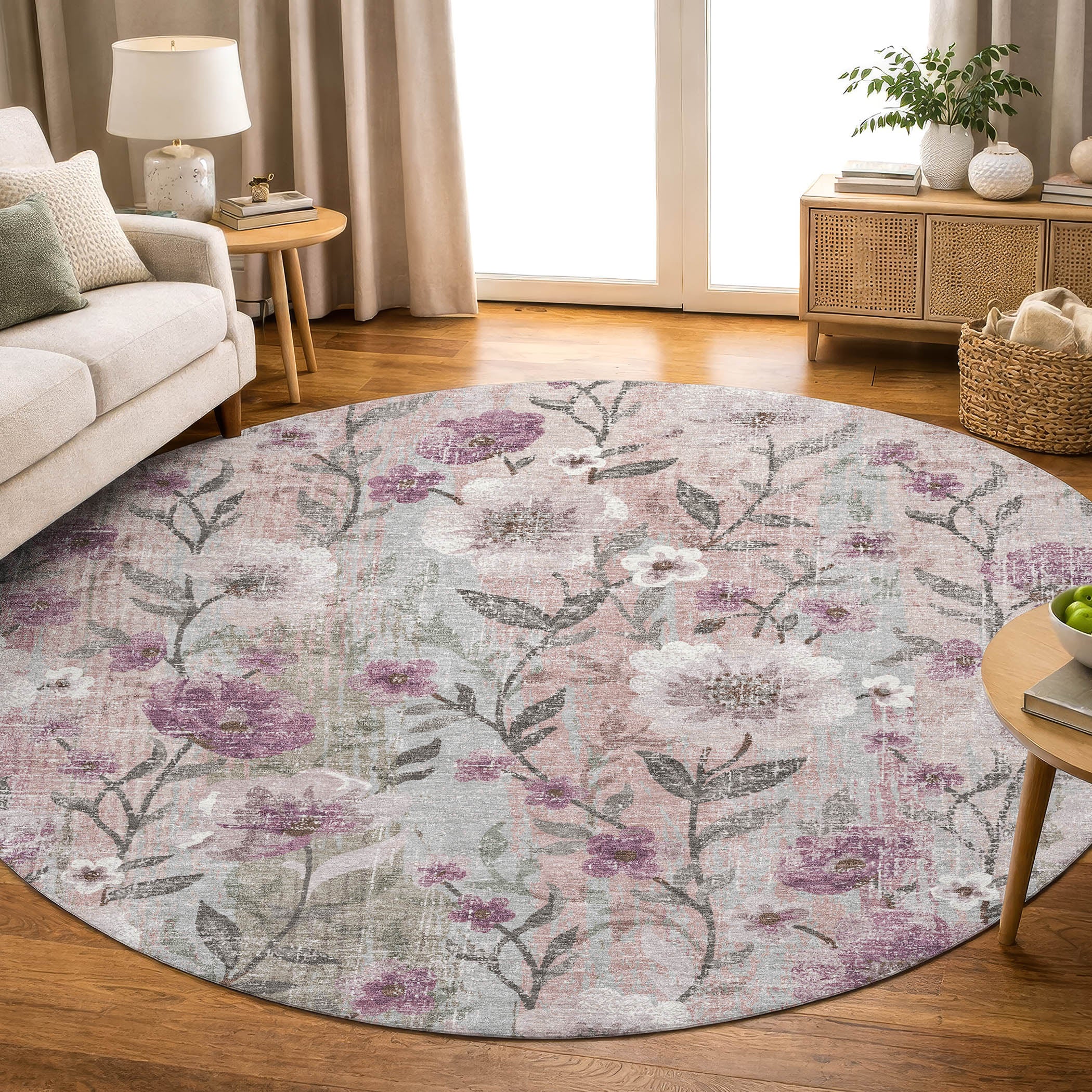 Florence Machine Washable Transitional Blush Pink Rug 8' x 8' #shape_Round
