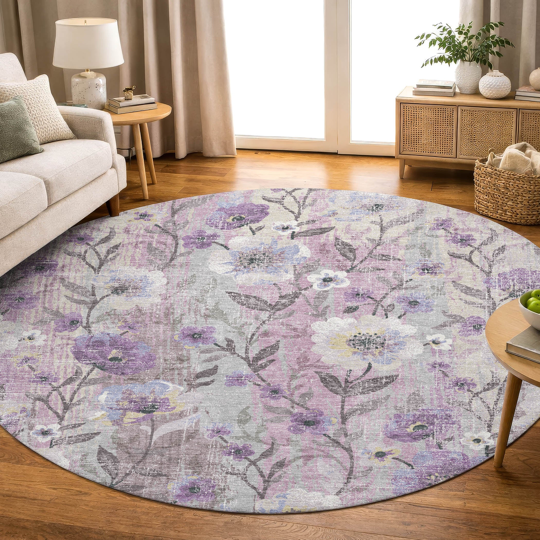 Florence Machine Washable Transitional Lilac Purple Rug 8' x 8' #shape_Round