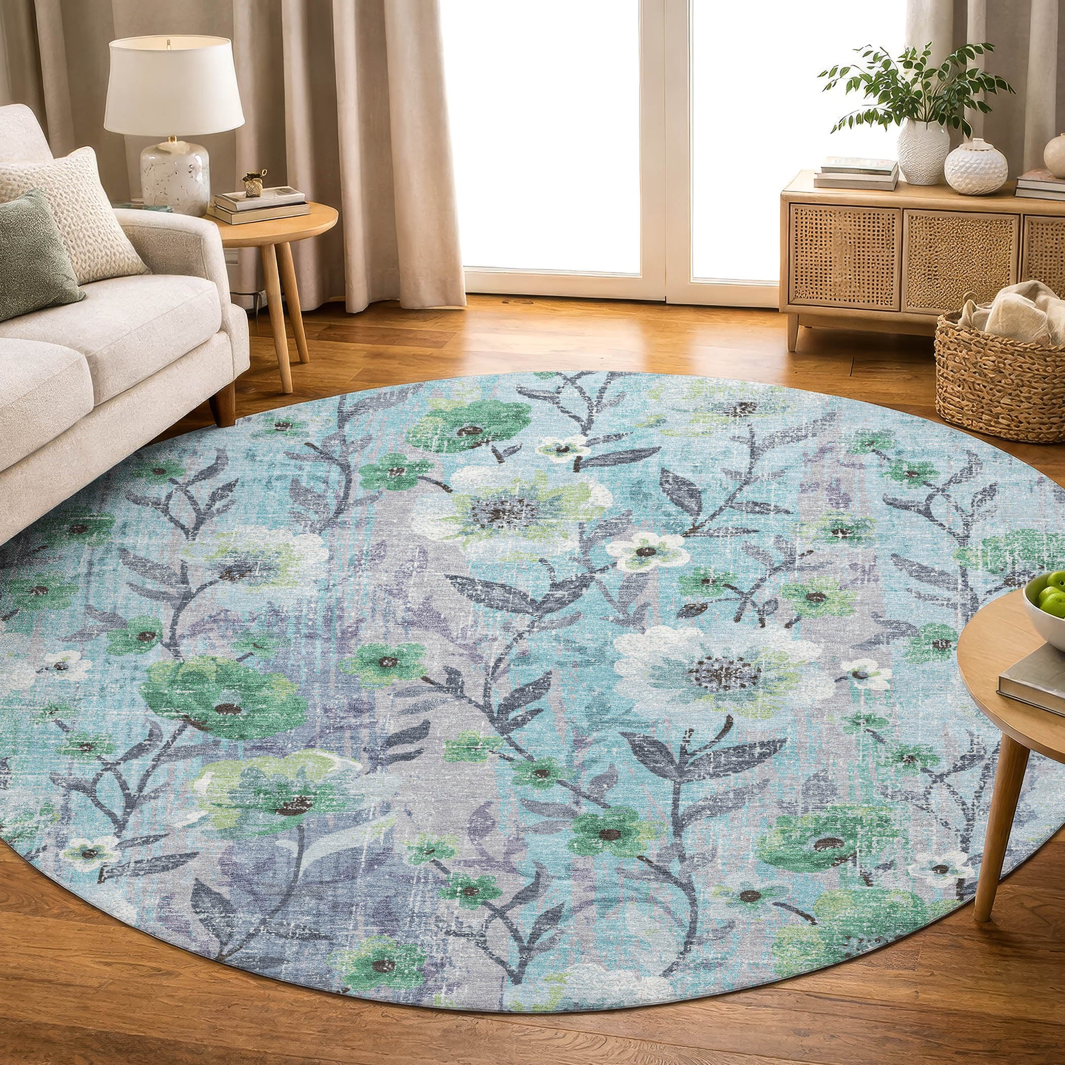 Florence Machine Washable Transitional Teal Rug 8' x 8' #shape_Round