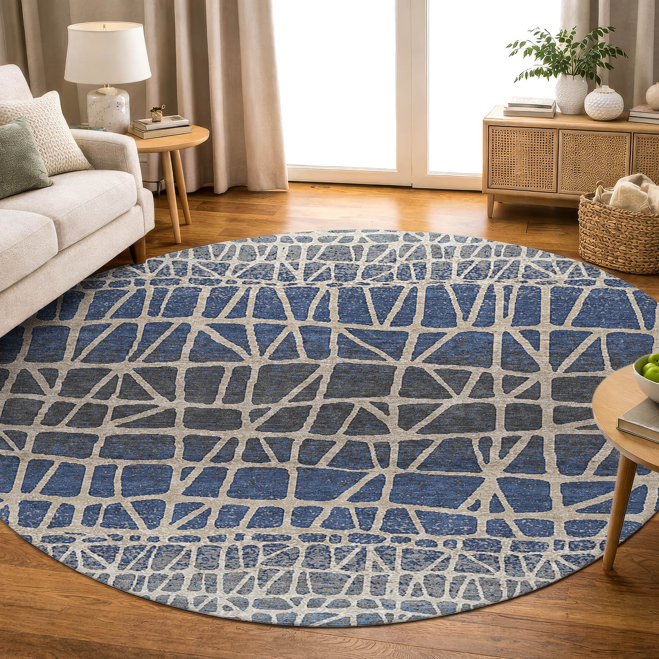 Mdina Machine Washable Transitional Blue Rug 8' x 8' #shape_Round