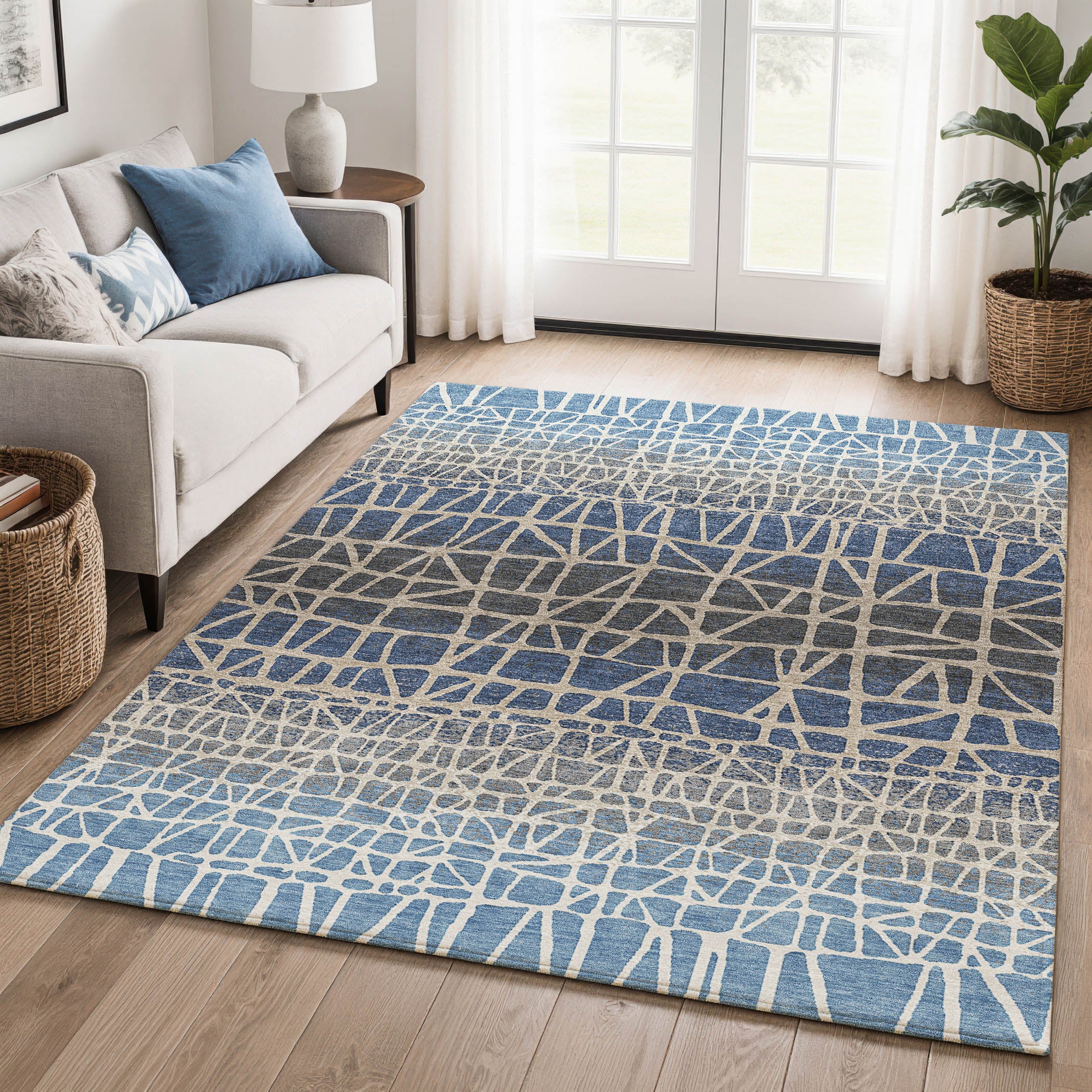 Mdina Machine Washable Transitional Blue Rug 3' x 5' #shape_Rectangle