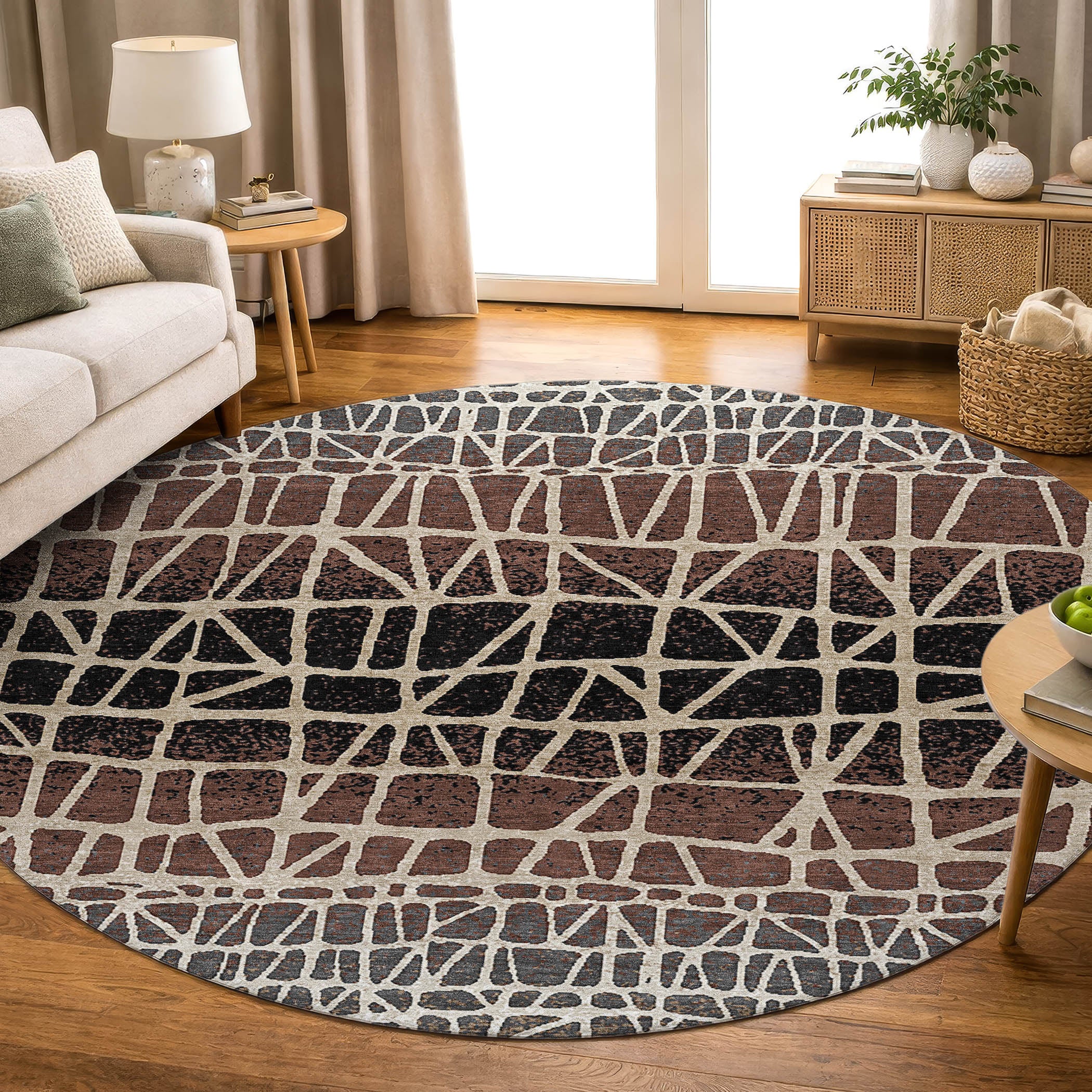 Mdina Machine Washable Transitional Brown Rug 8' x 8' #shape_Round