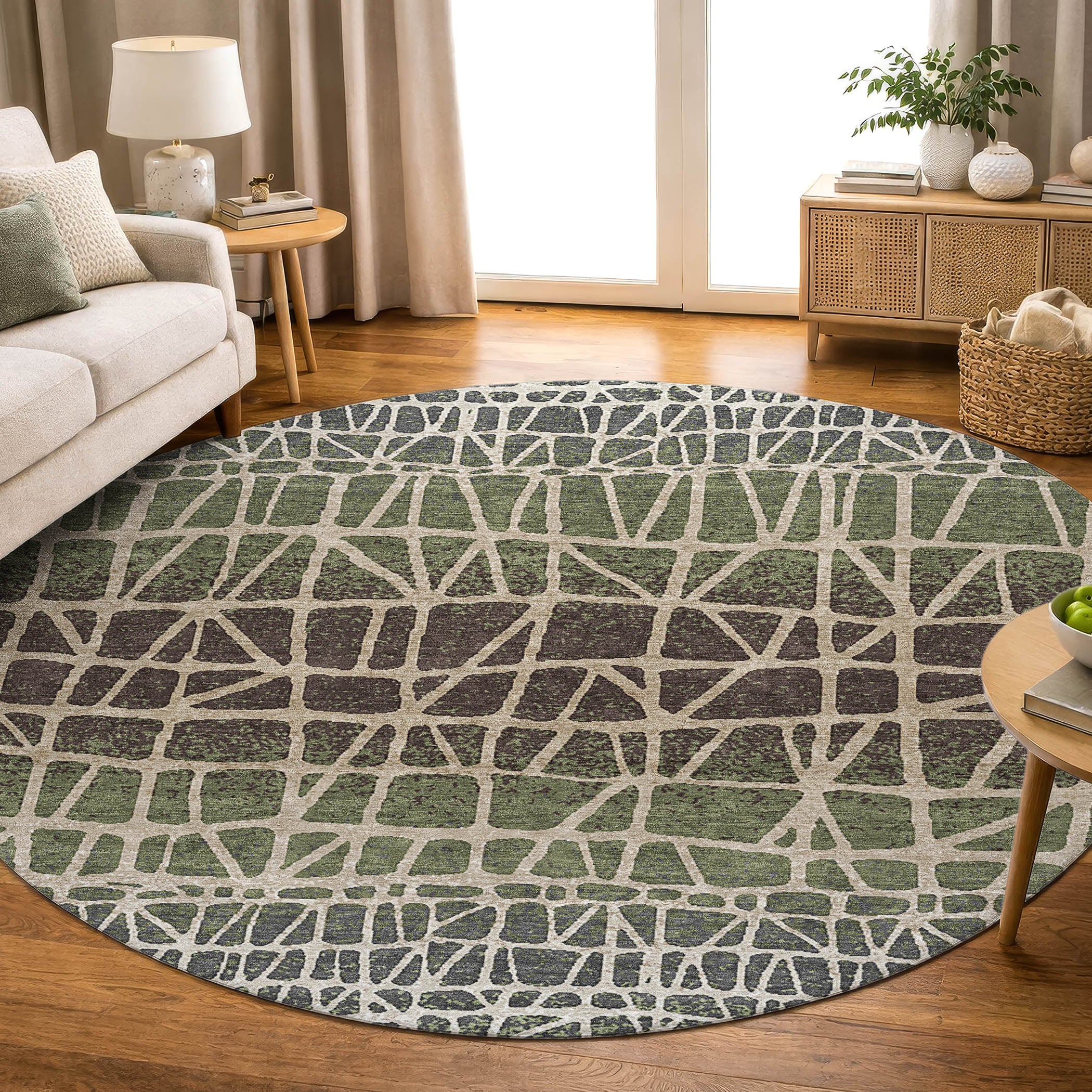 Mdina Machine Washable Transitional Fern Green Rug 8' x 8' #shape_Round