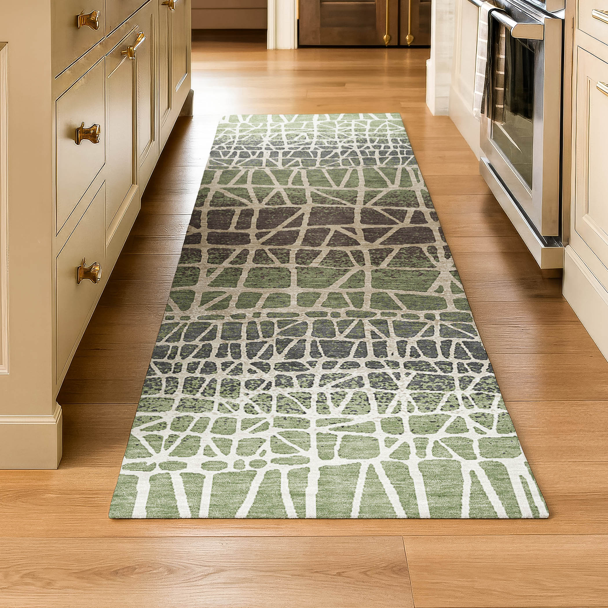 Mdina Machine Washable Transitional Fern Green Rug 2'3" x 7'6" #shape_Runner