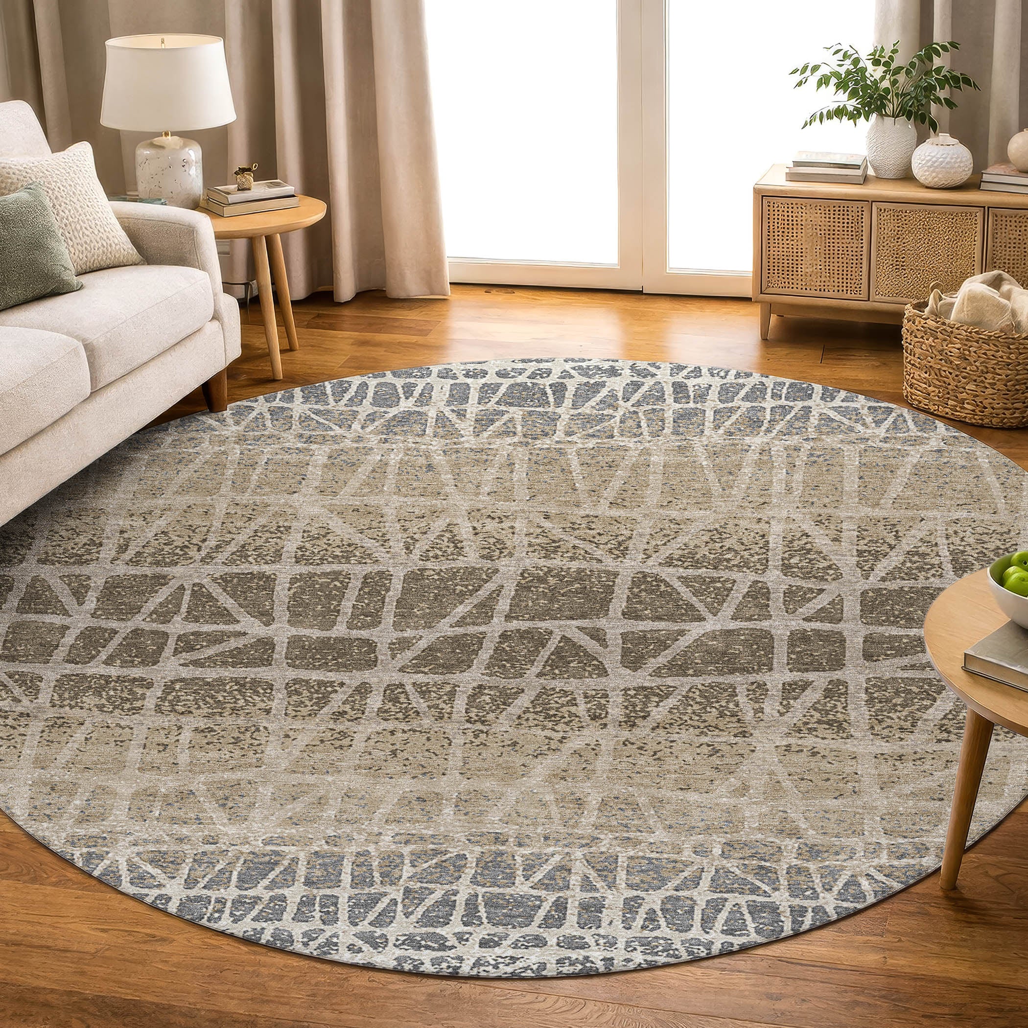 Mdina Machine Washable Transitional Ivory Rug 8' x 8' #shape_Round