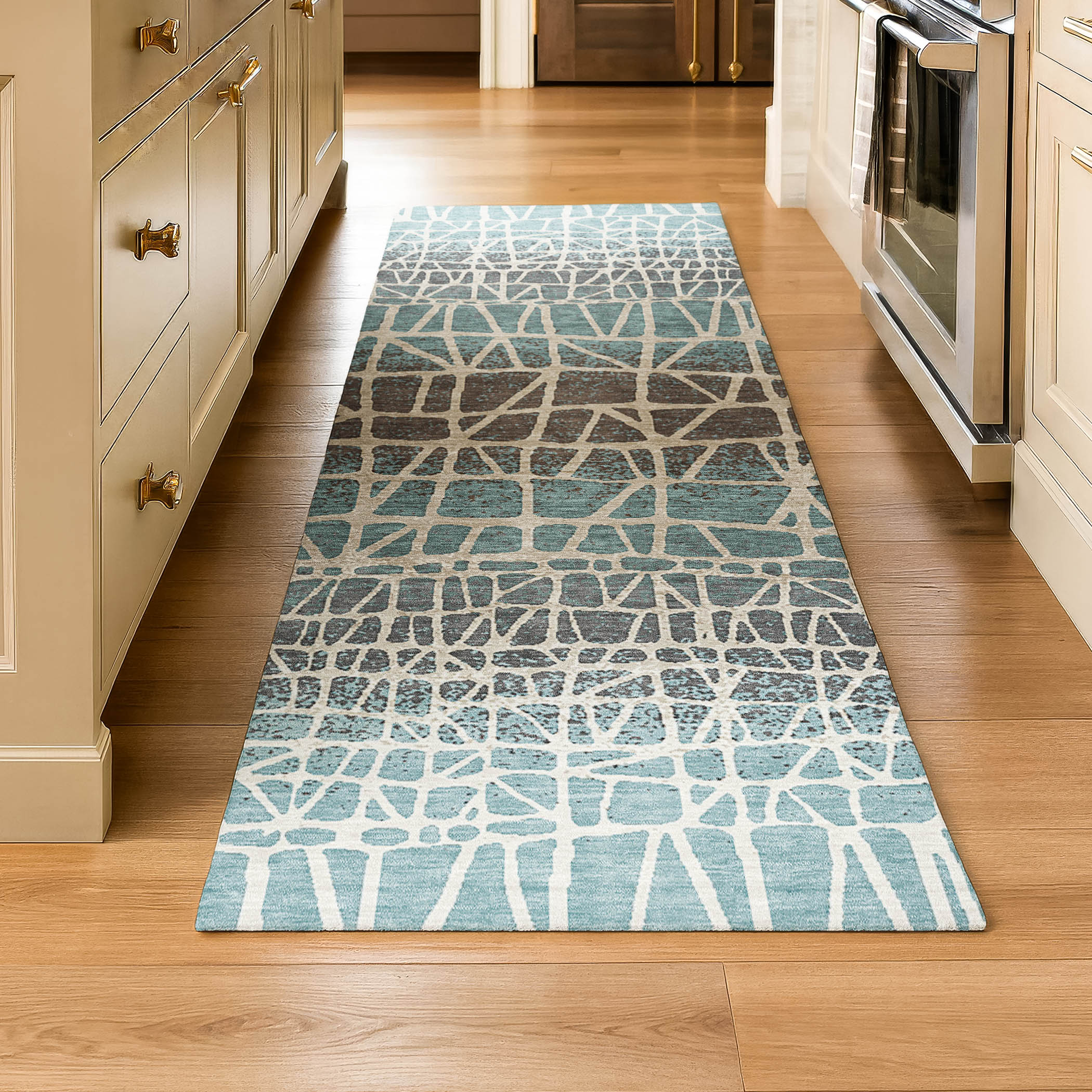 Mdina Machine Washable Transitional Teal Rug 2'3" x 7'6" #shape_Runner