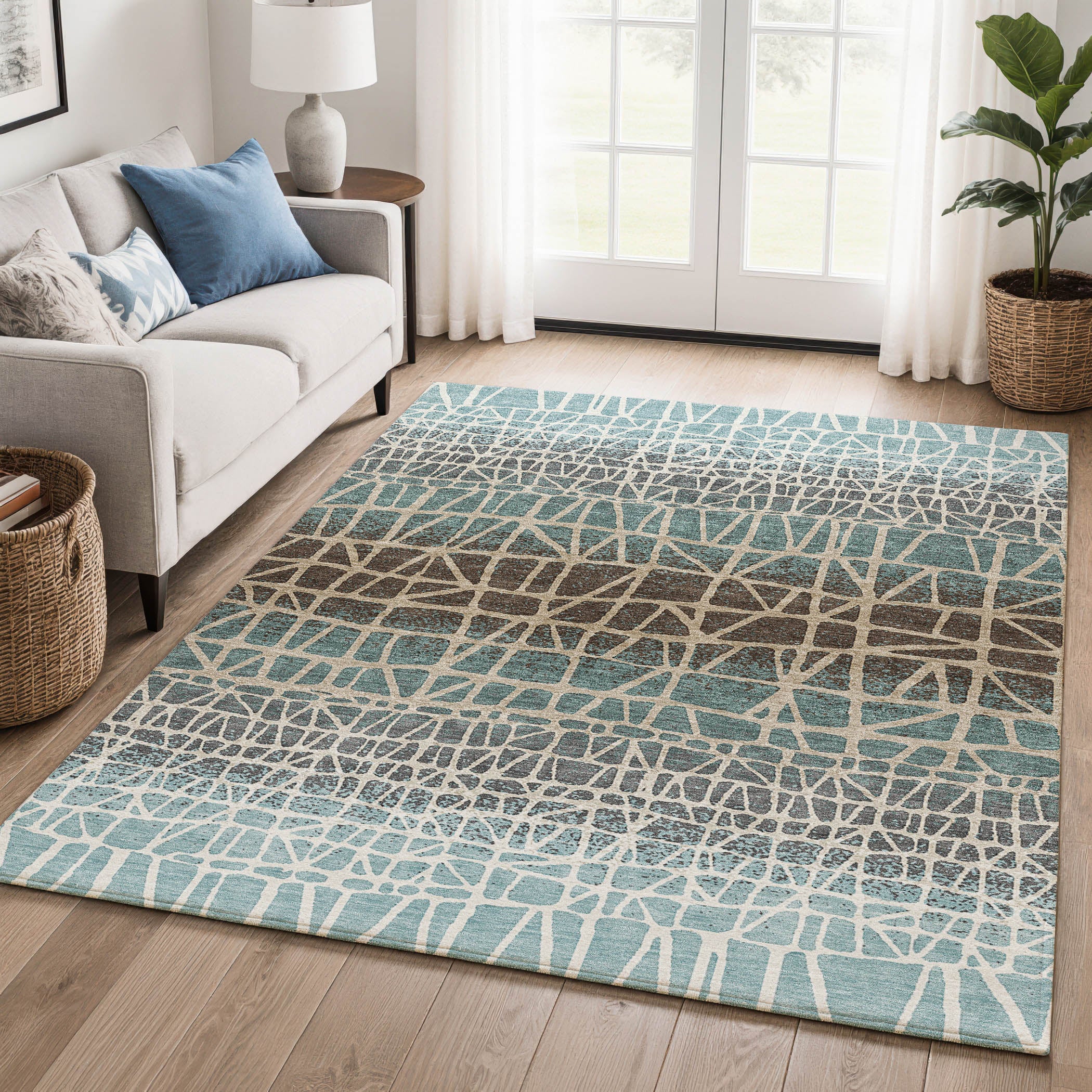Mdina Machine Washable Transitional Teal Rug 3' x 5' #shape_Rectangle
