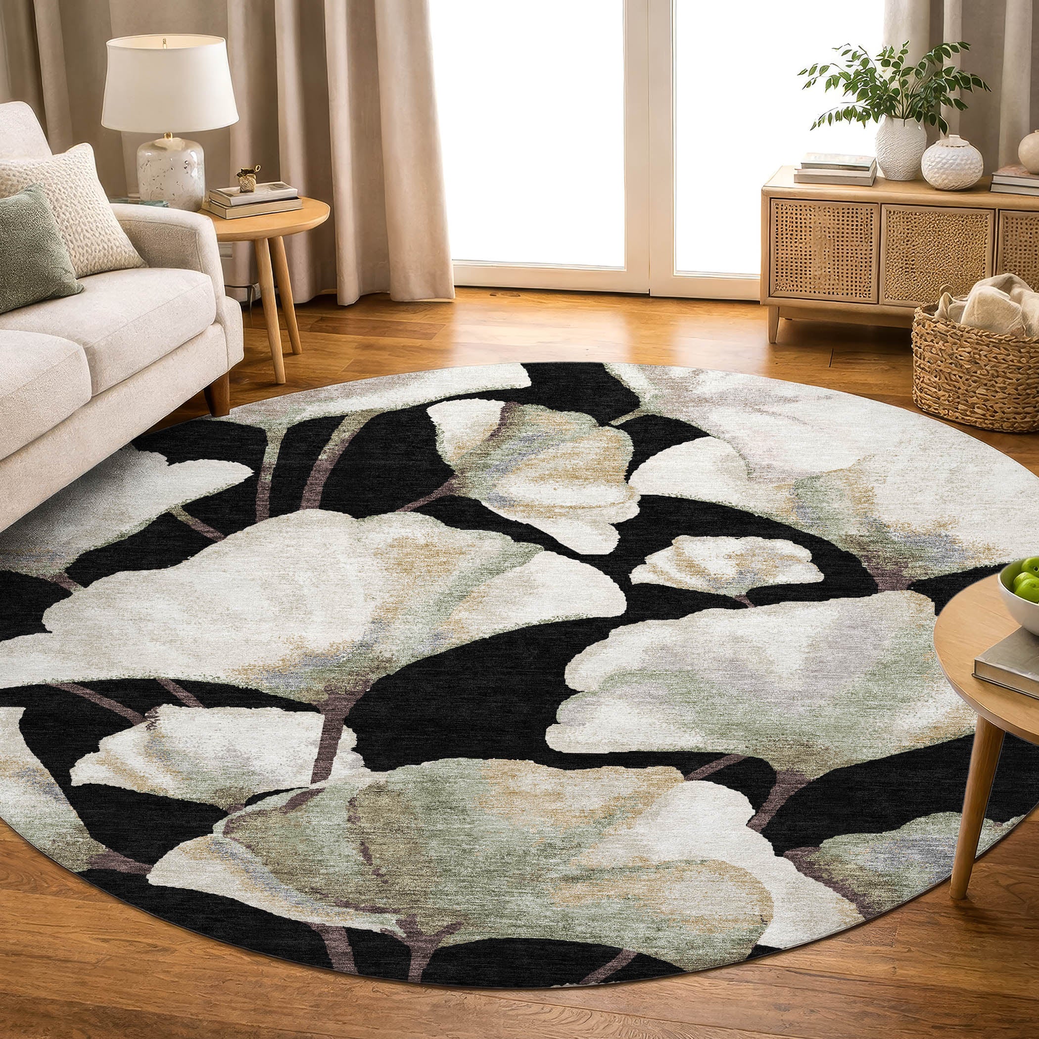 Mostar Machine Washable Transitional Black Rug 8' x 8' #shape_Round