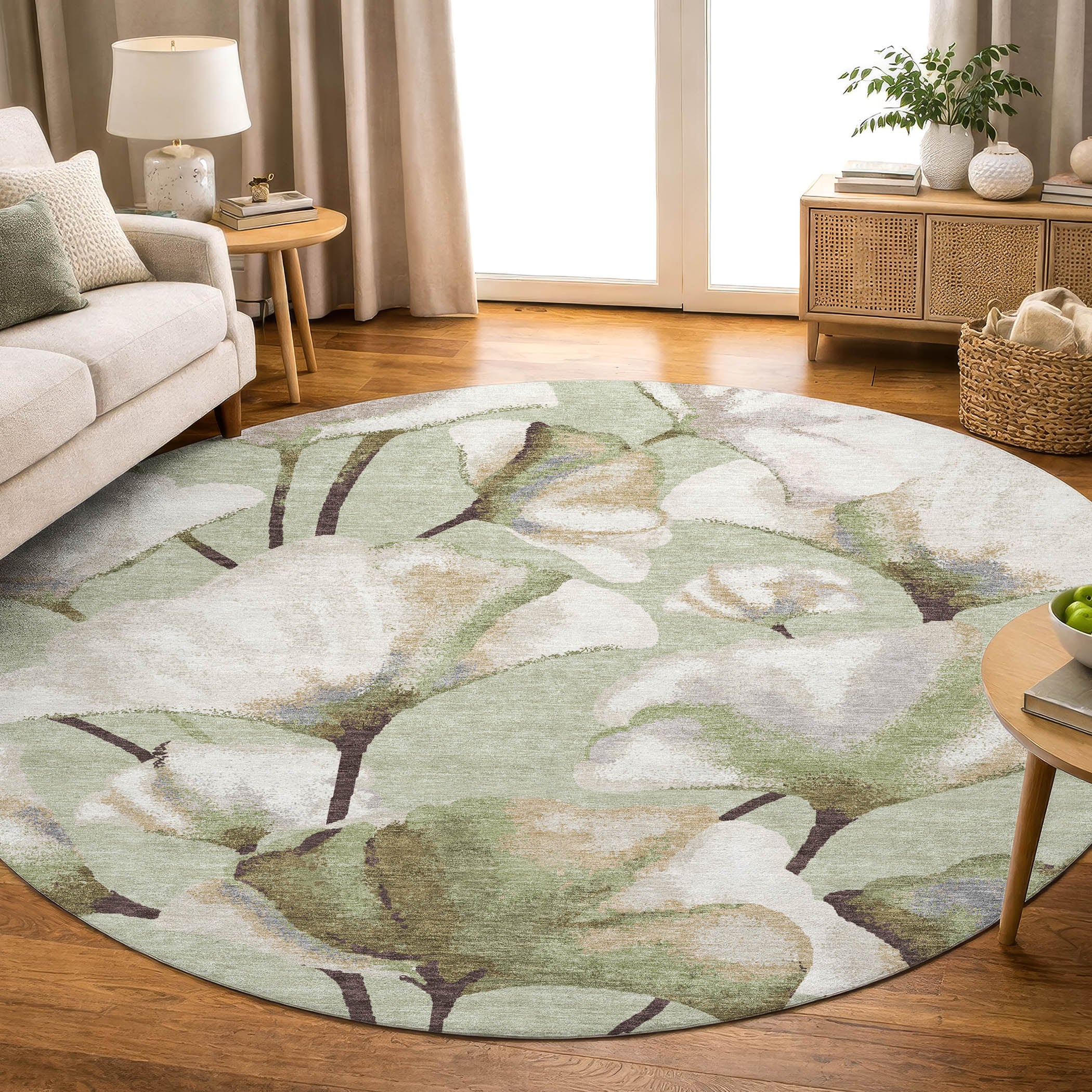 Mostar Machine Washable Transitional Celery Green Rug 8' x 8' #shape_Round