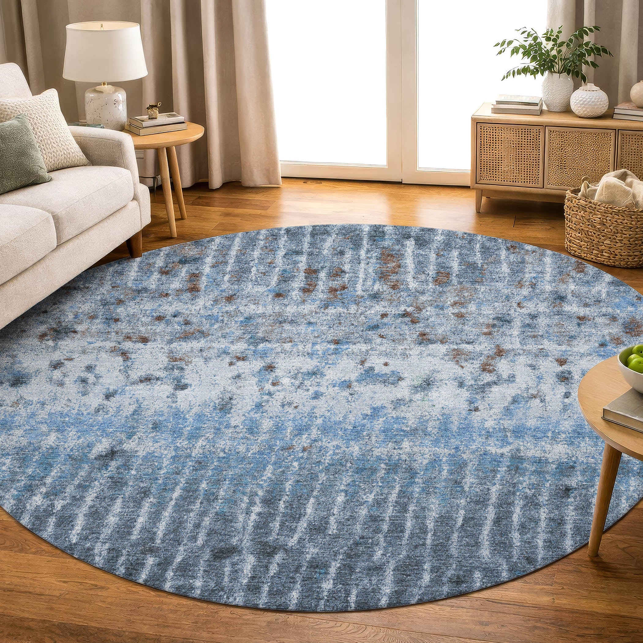 Antigua Machine Washable Transitional Blue Rug 8' x 8' #shape_Round