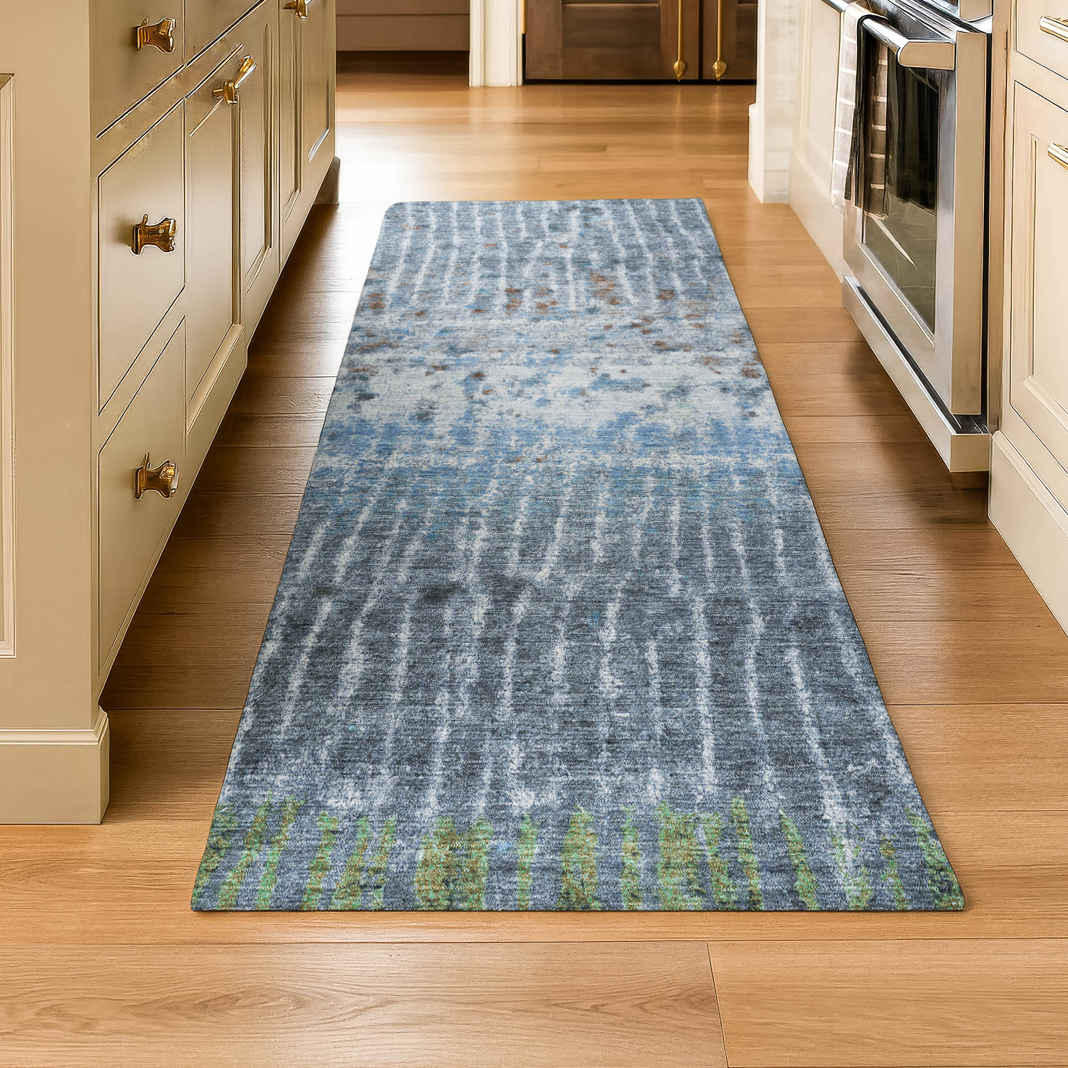 Antigua Machine Washable Transitional Blue Rug 2'3" x 7'6" #shape_Runner