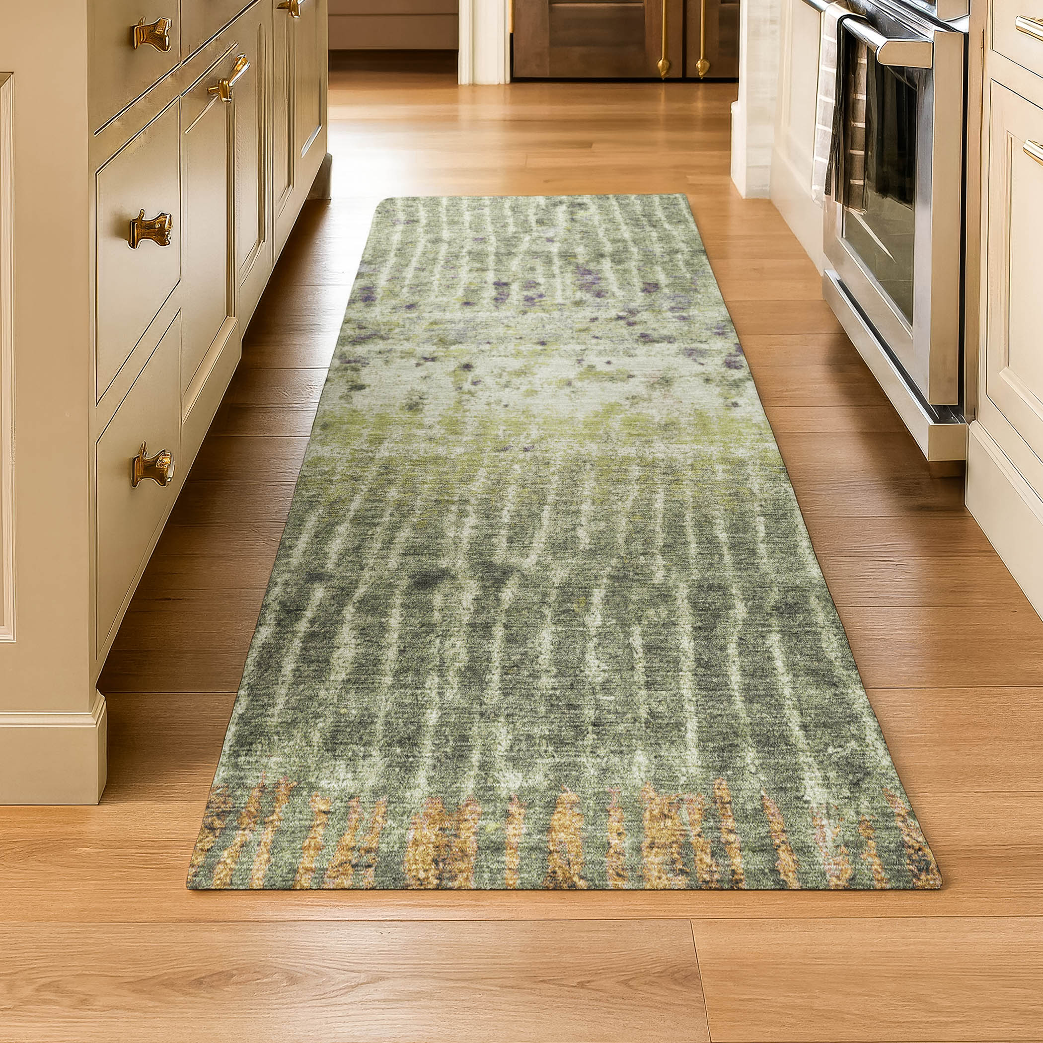 Antigua Machine Washable Transitional Olive Green Rug 2'3" x 7'6" #shape_Runner