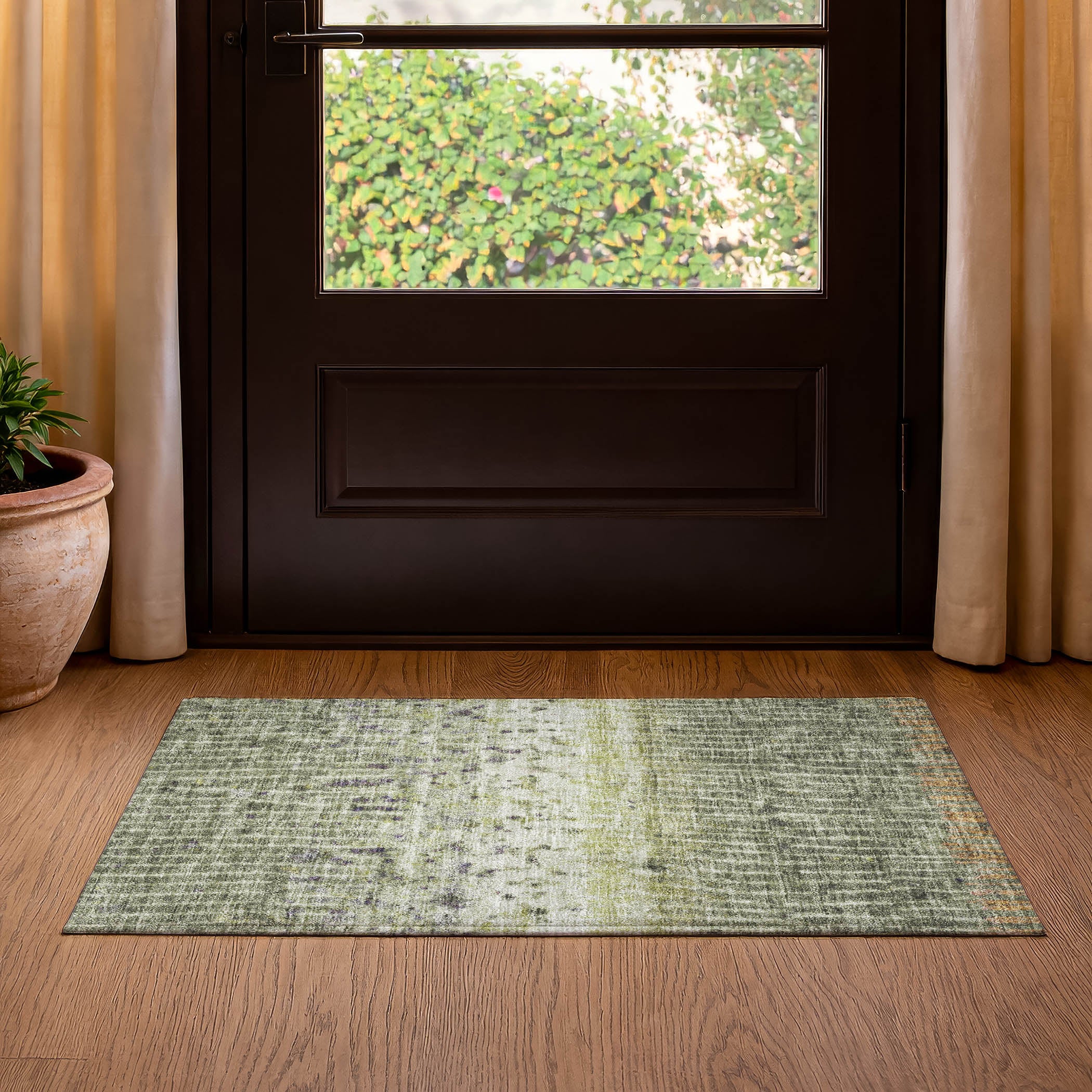 Antigua Machine Washable Transitional Olive Green Rug 1'8" x 2'6" #shape_Rectangle