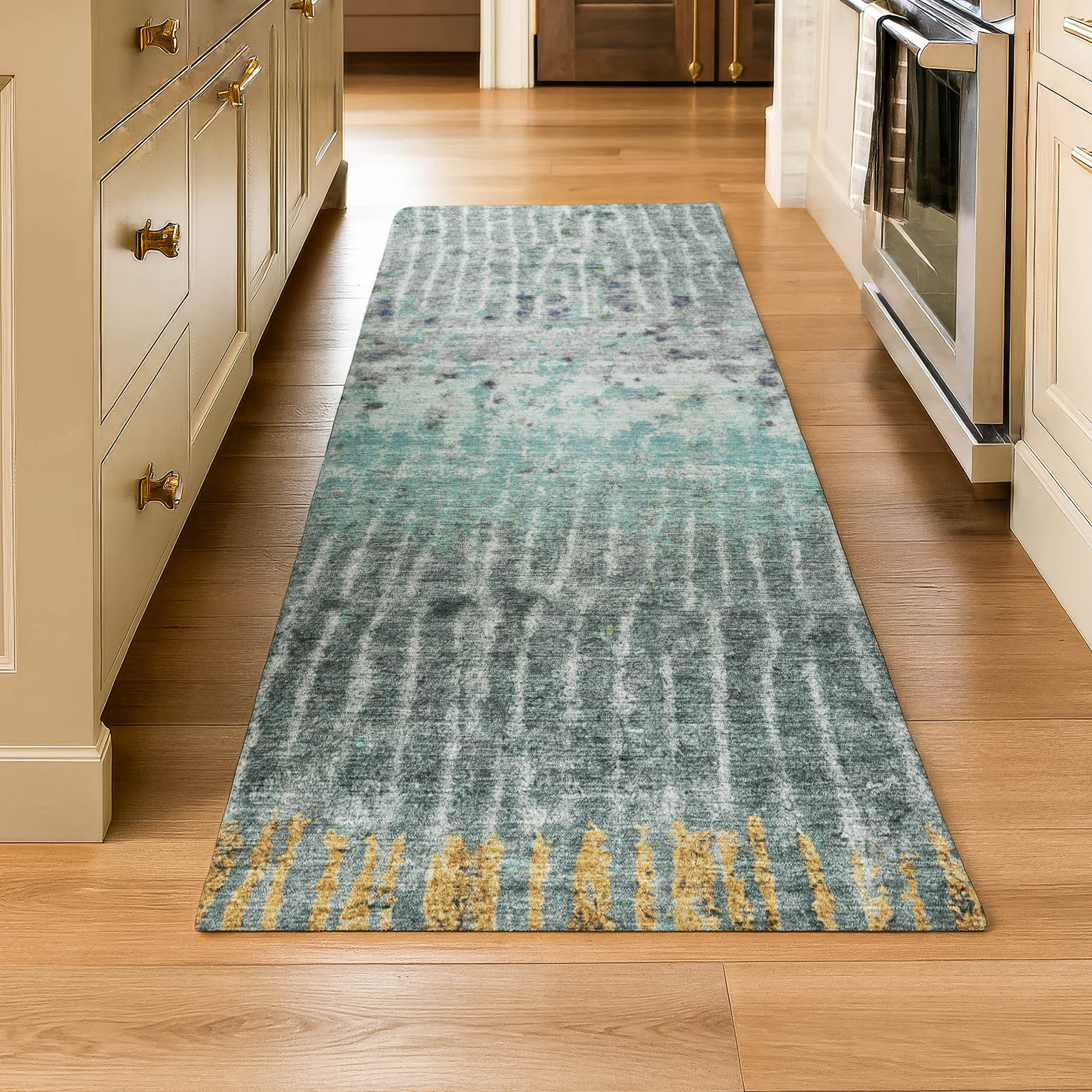 Antigua Machine Washable Transitional Teal Rug 2'3" x 7'6" #shape_Runner